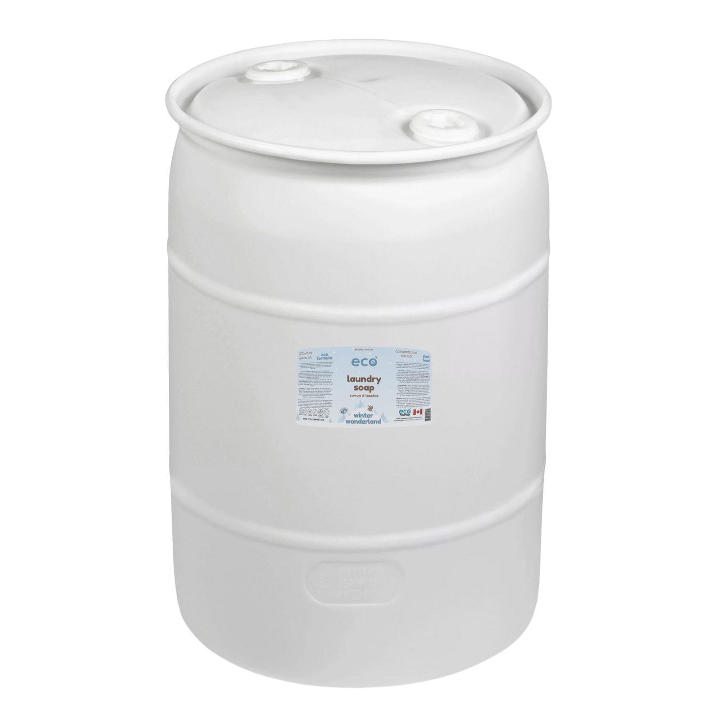 Eco Company's 200L laundry soap in a barrel for refill shops, zero-waste stores, and retailers selling eco-friendly bulk soaps. This is our winter wonderland edition scent.