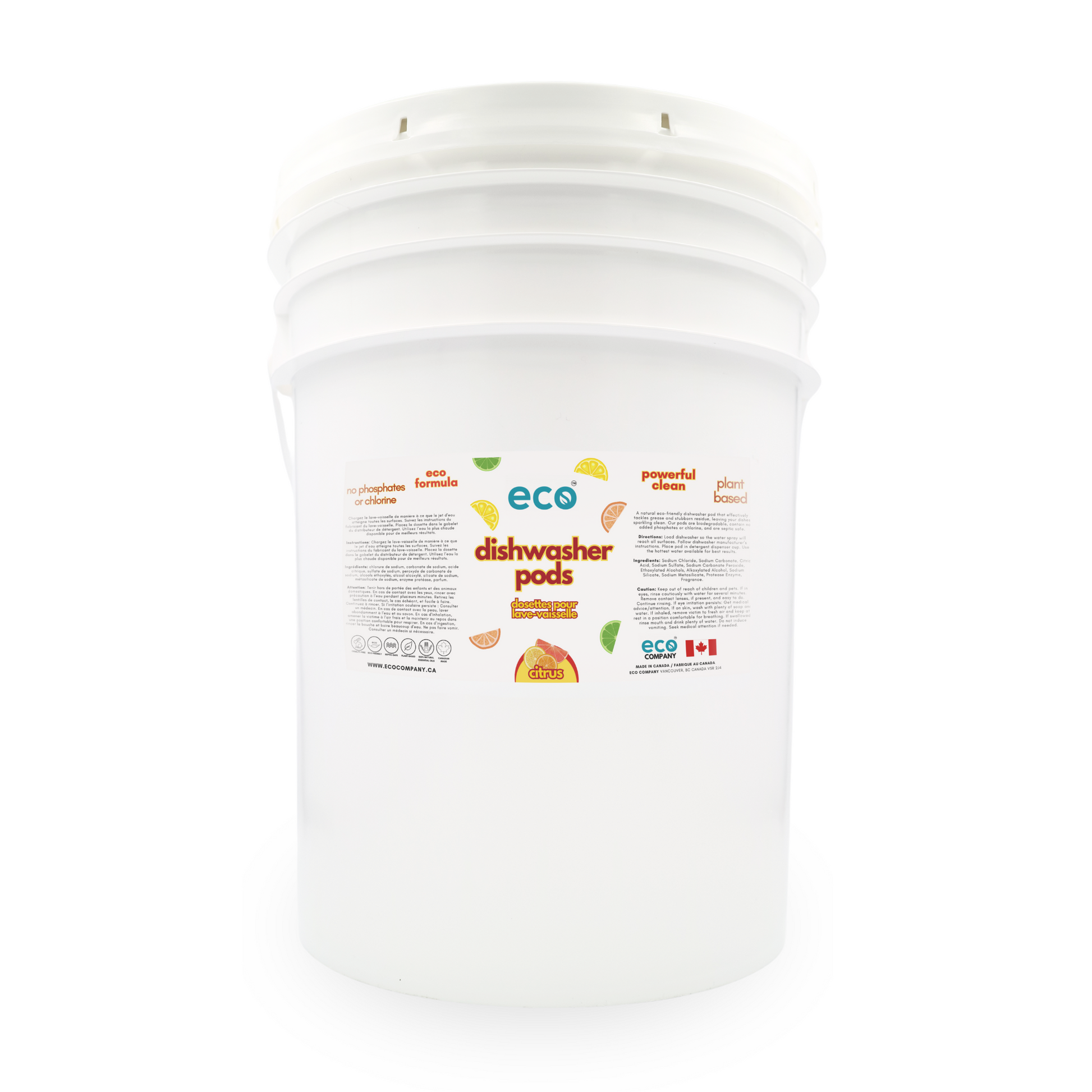 Eco Company bulk dishwasher pods for wholesale - 800 pods in a refillable pail.