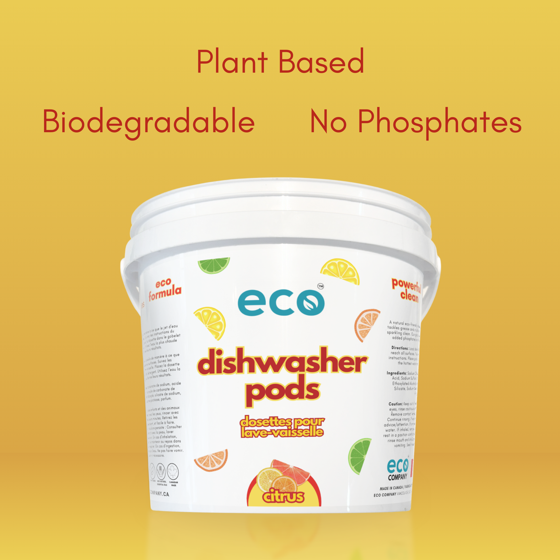 Eco Company's dishwasher pods are plant-based, are biodegradable, and have no phosphates.