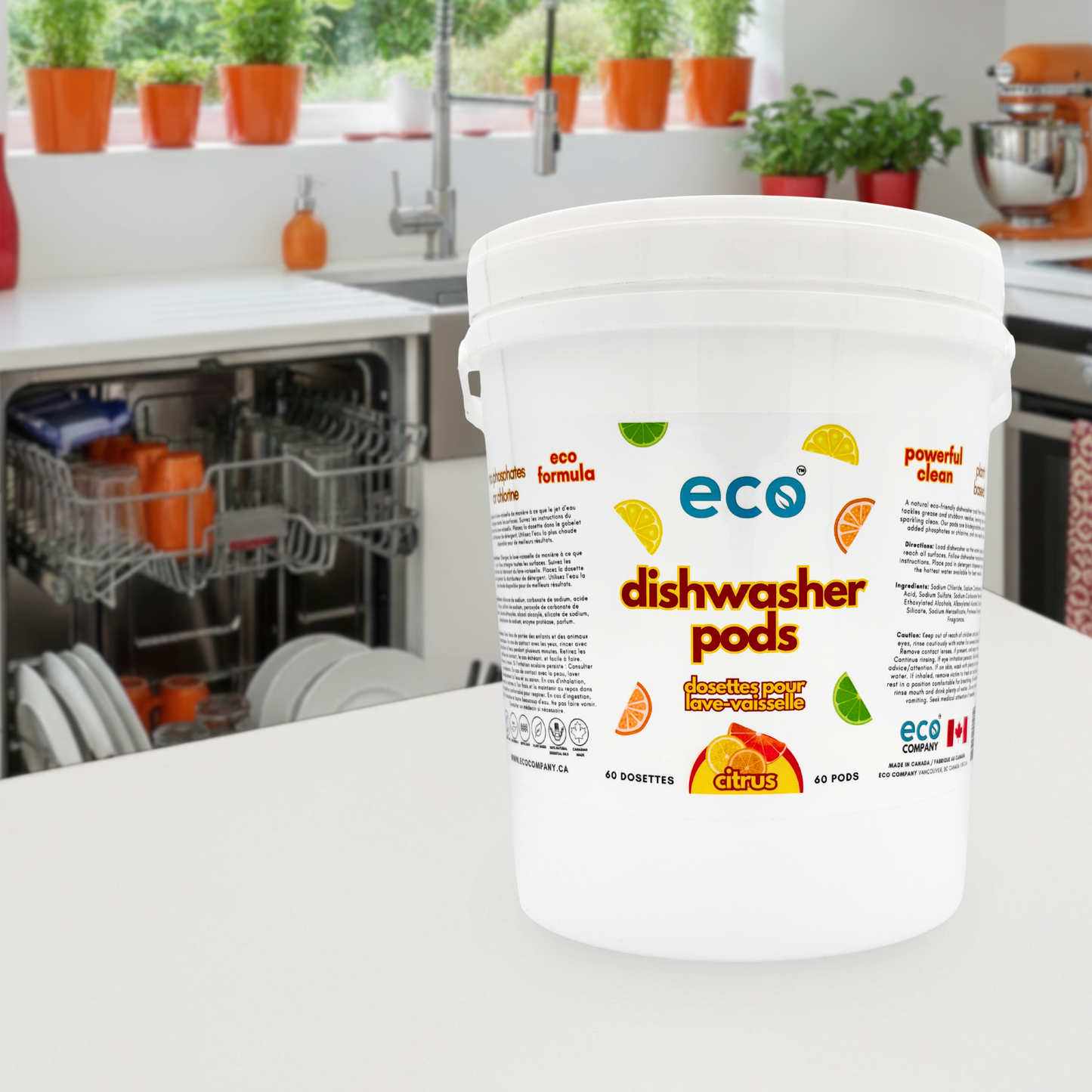 Eco Company's dishwasher pods are plant-based, are biodegradable, and have no phosphates.