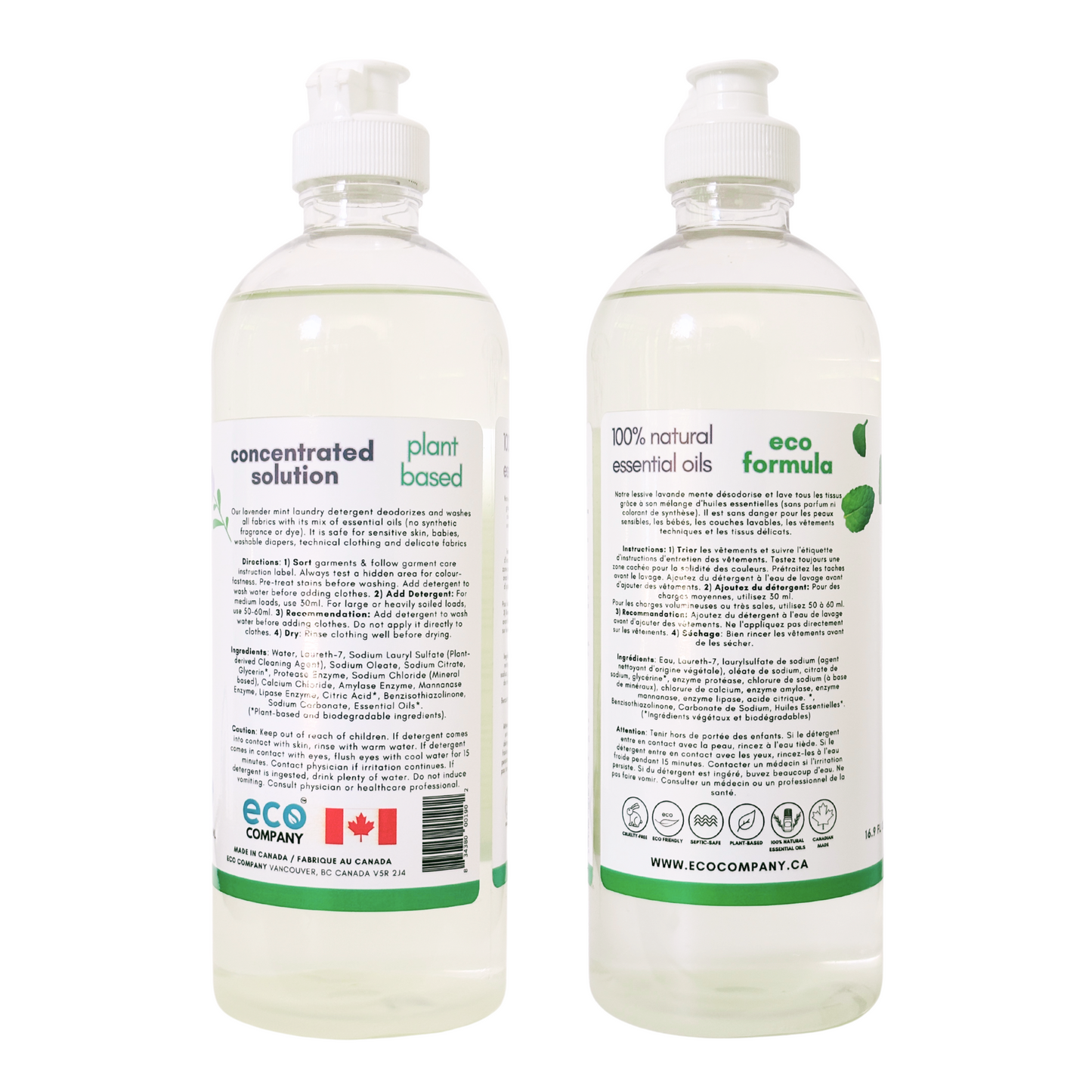 Eco Company's Lavender Mint Laundry Soap side label with directions and ingredients.