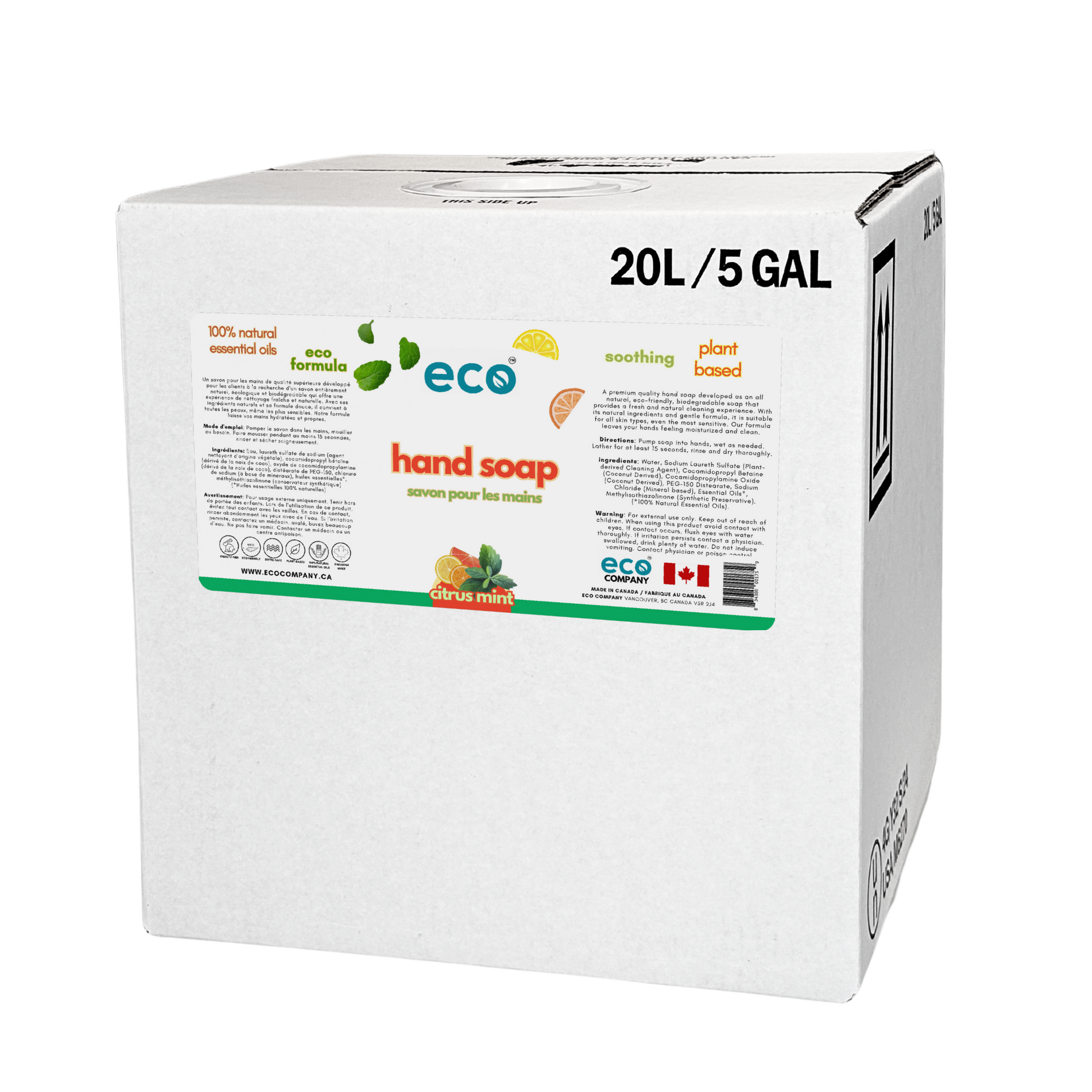 20L/5Gal refill box of bulk eco laundry soap (citrus mint) for package-free and refill stores.
