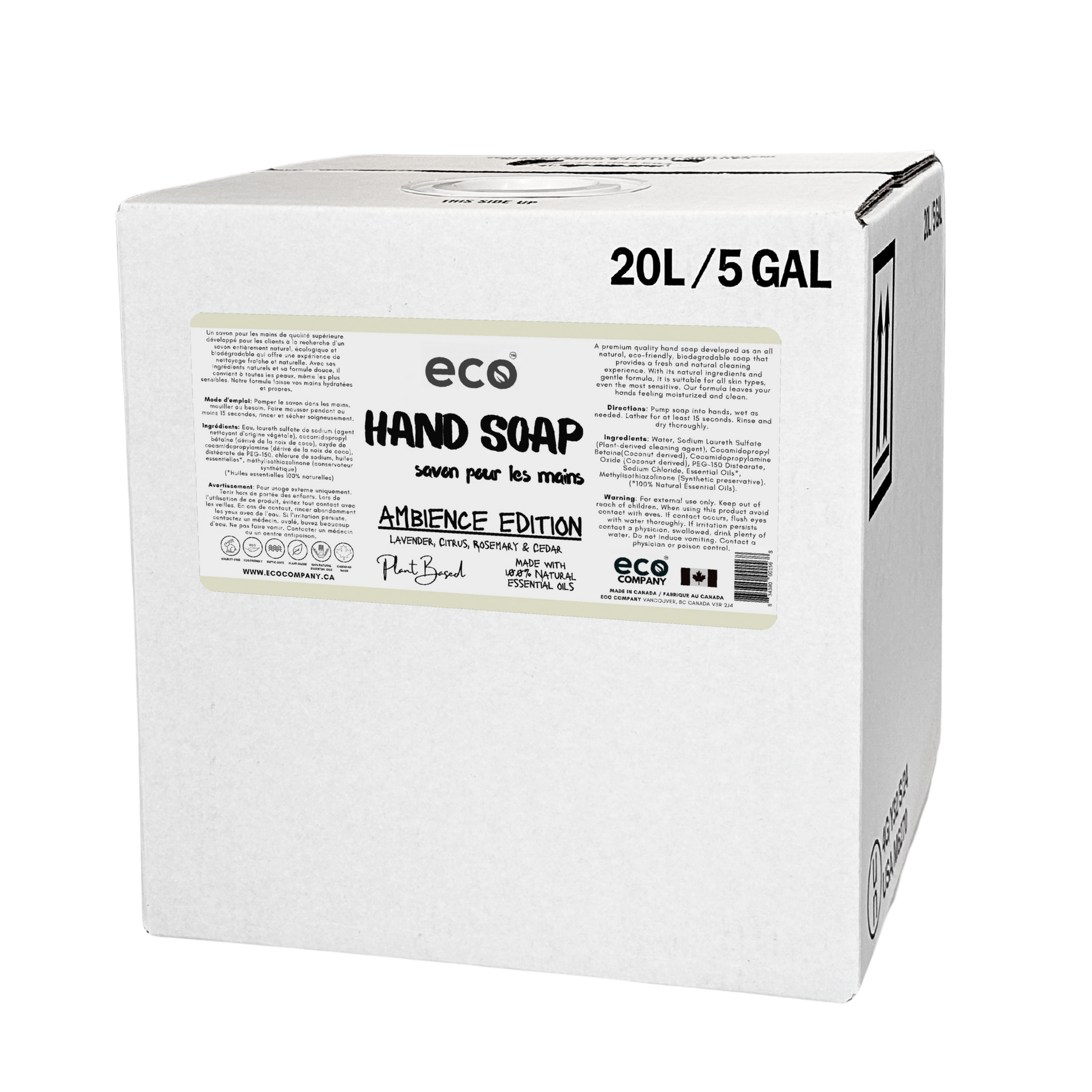 20L/5Gal refill box of bulk eco hand soap (ambience edition) for package-free refill stores.