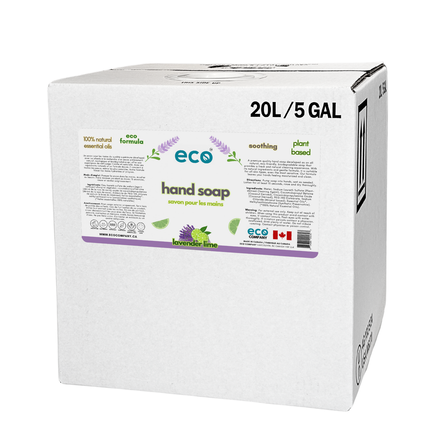 20L/5Gal refill box of bulk eco laundry soap (lavender lime) for package-free and refill stores.