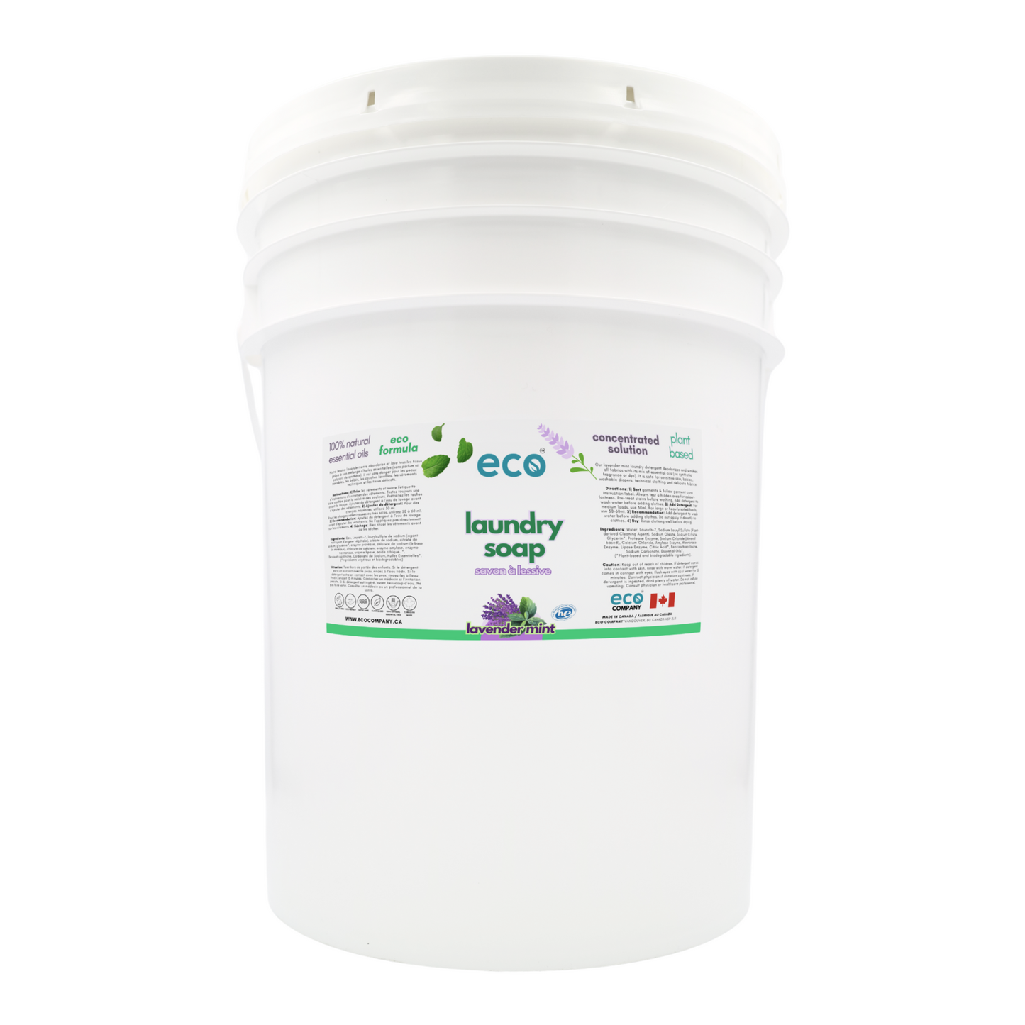 Eco Company's laundry detergent lavender mint in a 20 liter pail for wholesale, ideal for soap refilleries, zero waste stores, and refill stores.