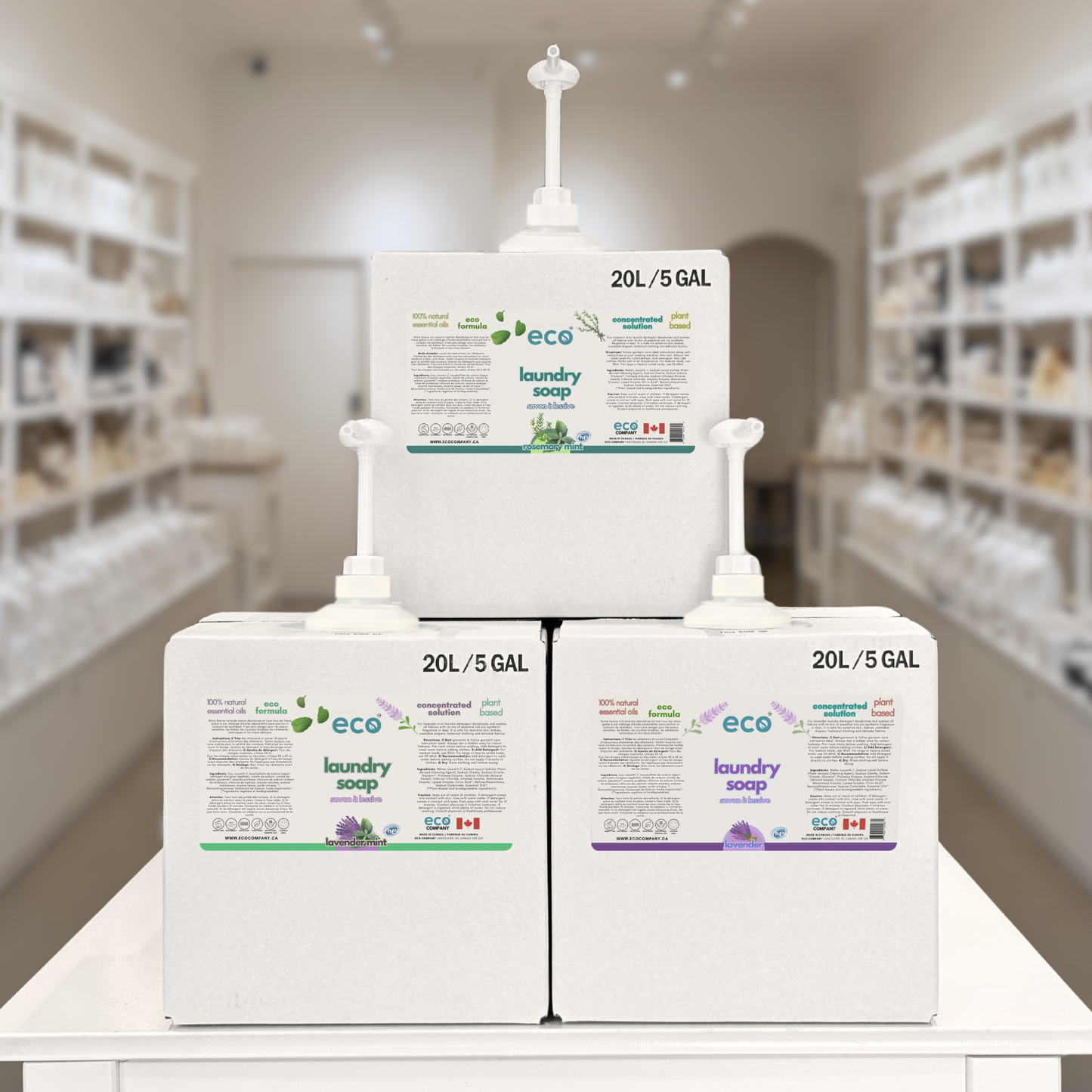 Bulk refill station with refill boxes of eco laundry soap for eco-friendly retailers and refill stores.