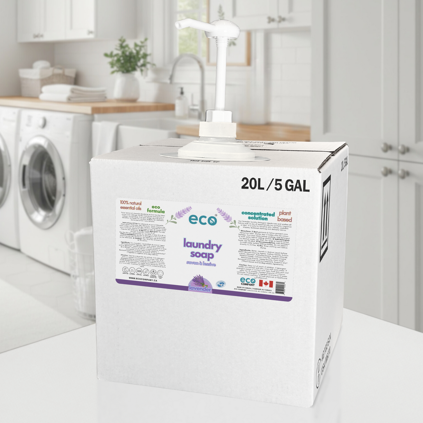 20L / 5GAL bulk reflll box of lavender eco laundry soap in laundry room.