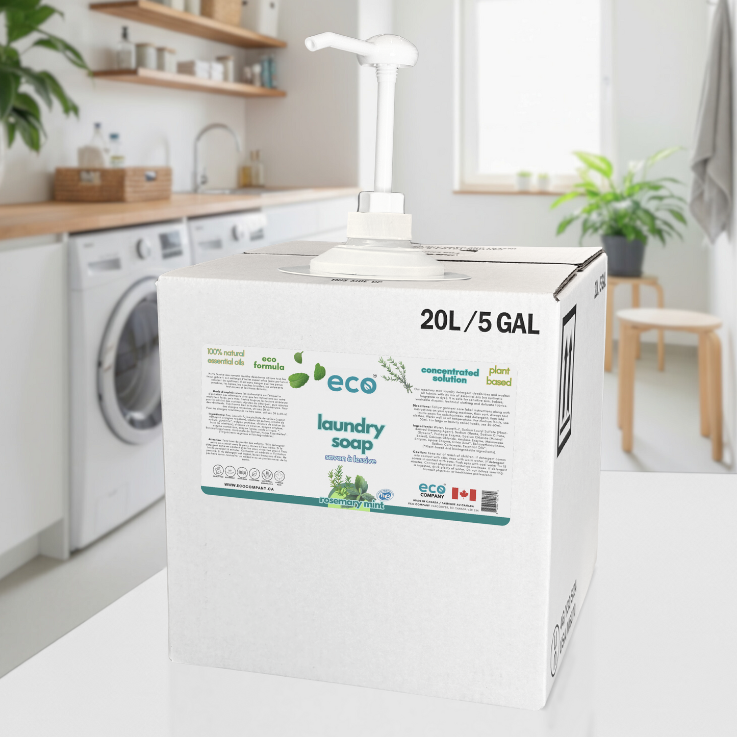 20L / 5GAL bulk refill box of eucalyptus eco laundry soap in laundry room.
