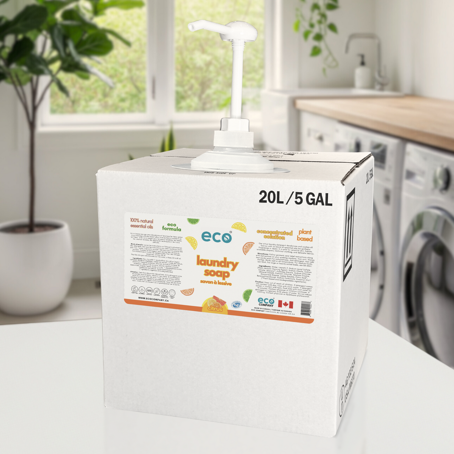 20L / 5GAL bulk refill box of citrus eco laundry soap in laundry room.
