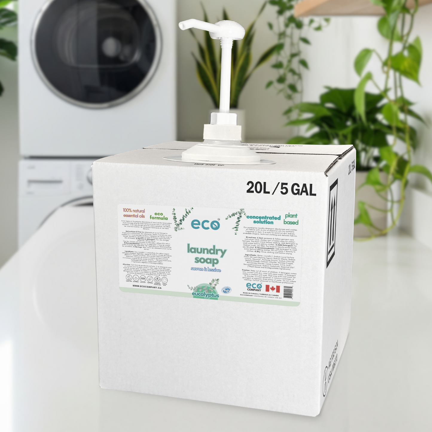 20L / 5GAL bulk refill box of eucalyptus eco laundry soap in laundry room.