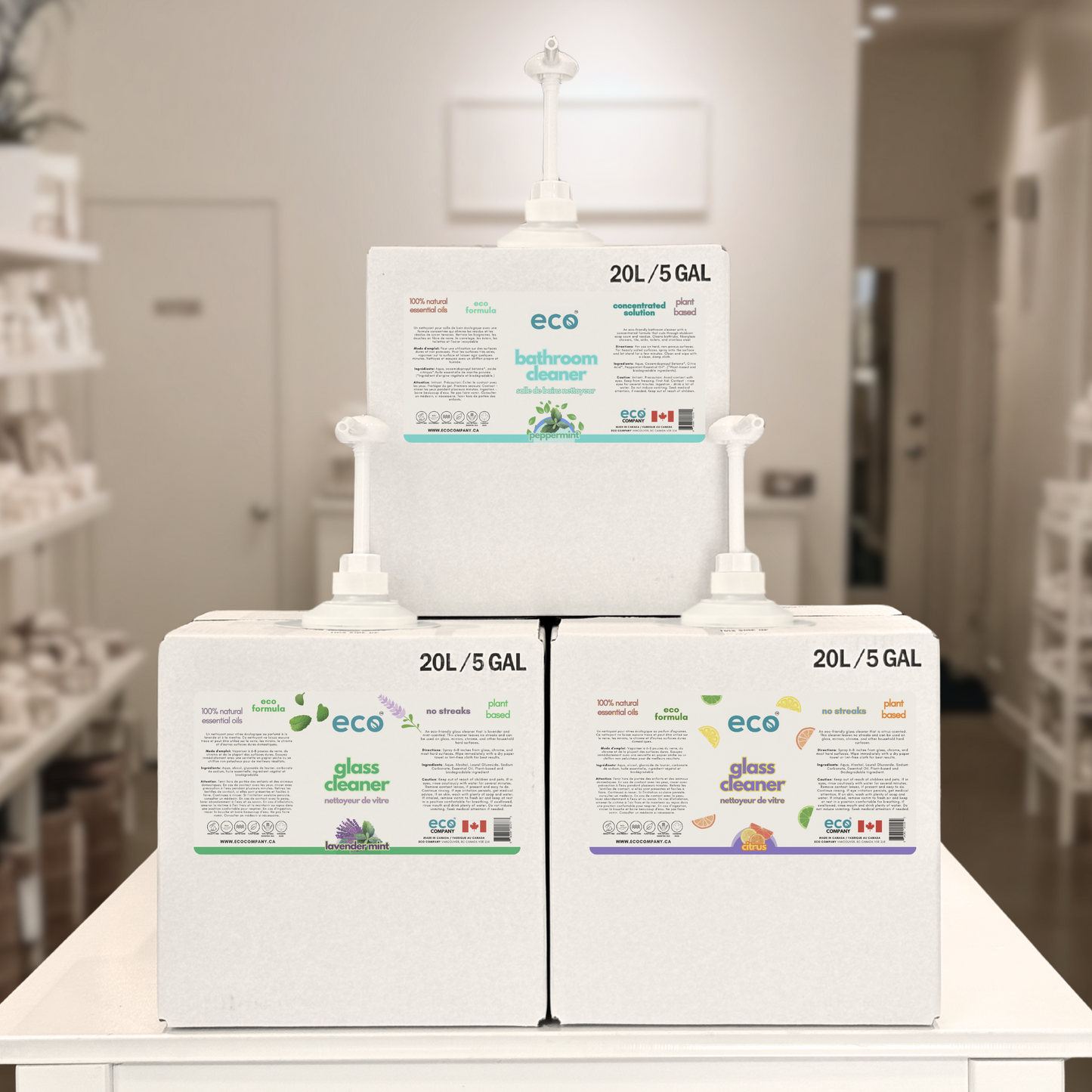 Refill station of refill boxes with eco bathroom cleaner and eco glass cleaners.