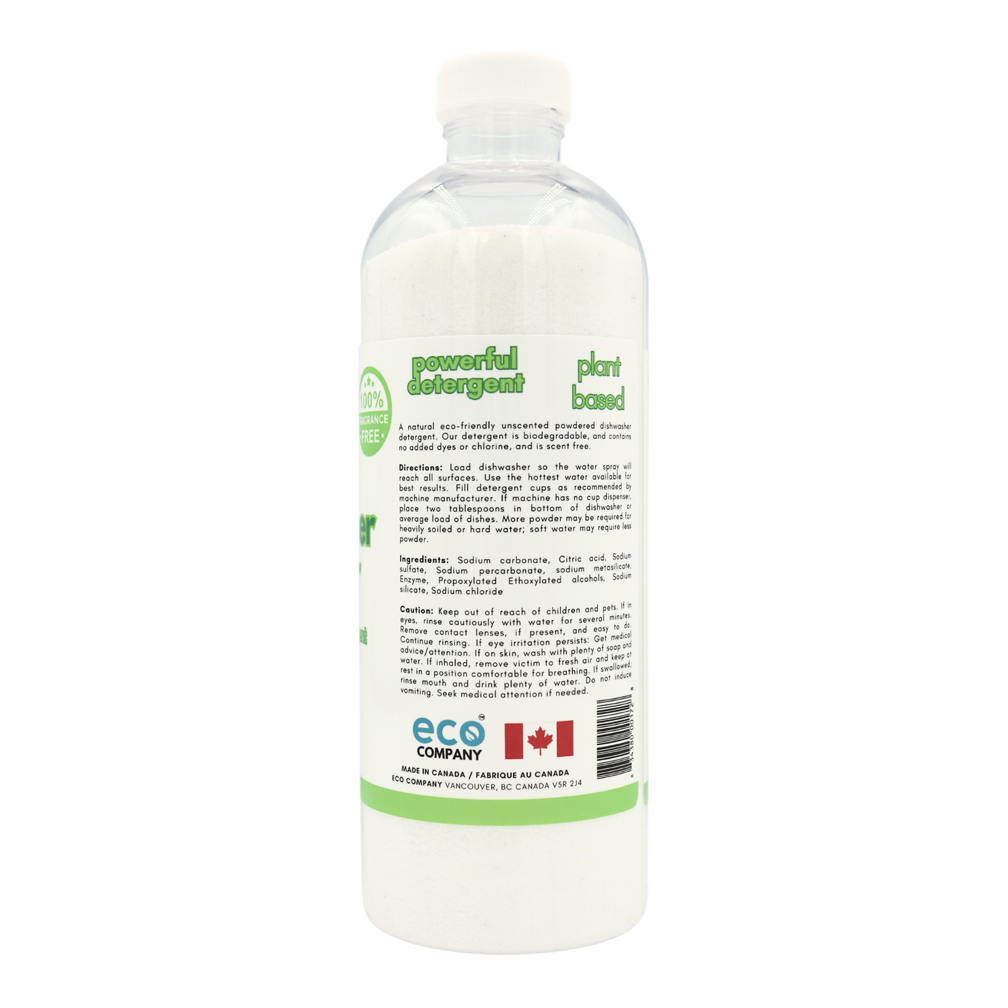 The side label of the dishwasher powder reads: A natural eco-friendly unscented powdered dishwasher detergent. Our detergent is biodegradable, and contains no added dyes or chlorine, and is scent free. Directions: Load dishwasher so the water spray will reach all surfaces. Use the hottest water available for best results. Fill detergent cups as recommended by machine manufacturer. If machine has no cup dispenser, place two tablespoons in bottom of dishwasher or average load of dishes.