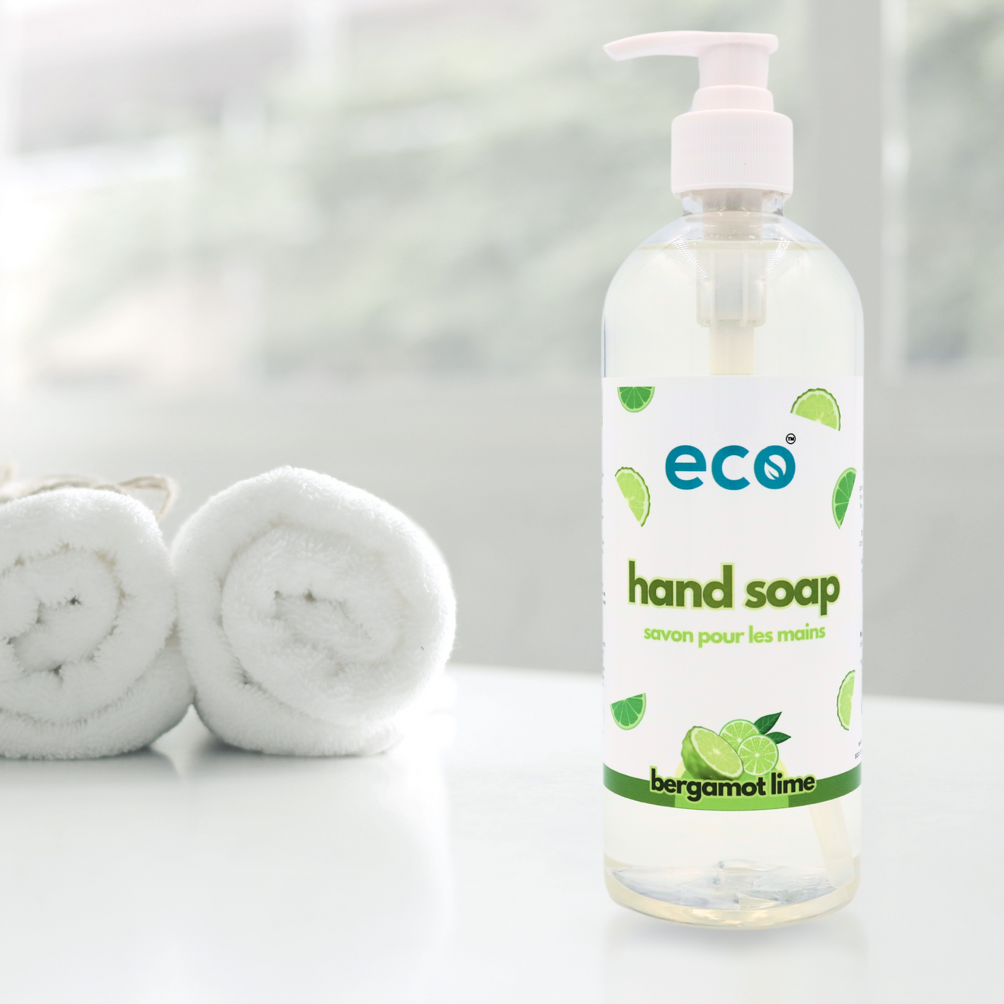 Bergamot lime-scented hand soap in a washroom, promoting a plant-based and eco-friendly lifestyle.