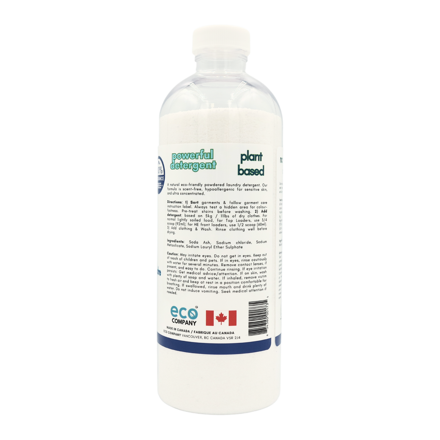 The side label of the laundry powder detergent reads: A natural eco-friendly powdered laundry detergent. Our formula is scent-free, hypoallergenic for sensitive skin, and ultra concentrated. Directions: 1) Sort garments & follow garment care instruction label.Pre-treat stains before washing. 2) Add detergent: based on 5kg / 11lbs of dry clothes. For normal lightly soiled load, for Top Loaders, use 3/4 scoop (92ml); for HE front loaders, use 1/2 scoop (60ml). 3) Add clothing & Wash.