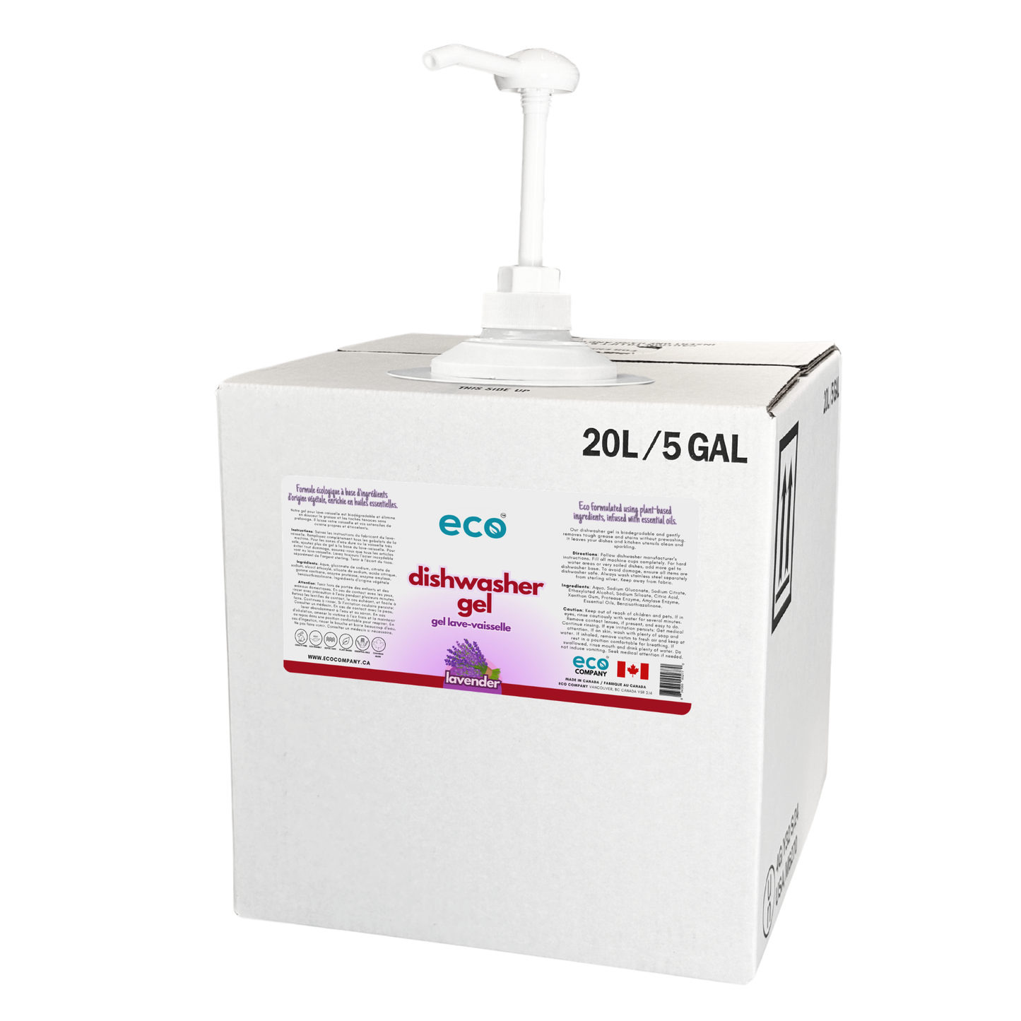 20 L / 5 gal refill box of lavender-scented dishwasher gel with a pump designed for refill stores and zero waste shops.