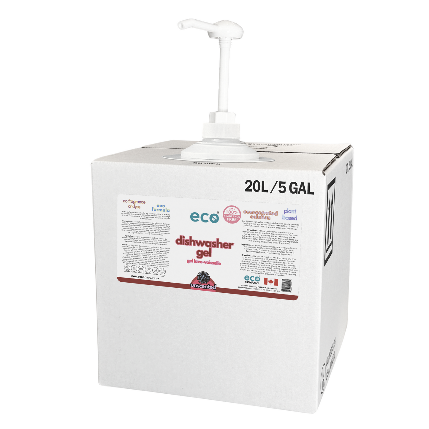 20L/5Gal container of bulk eco dishwasher gel unscented for refill stores.