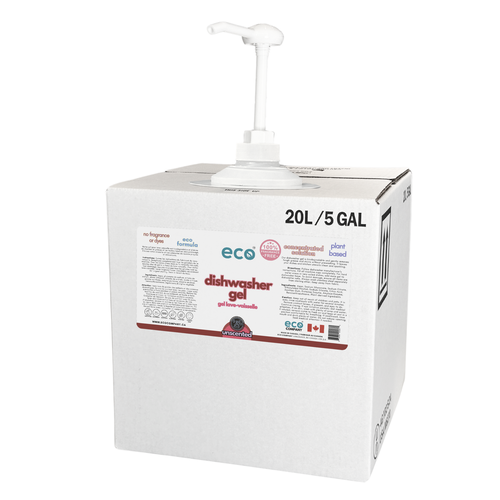 20L/5Gal container of bulk eco dishwasher gel unscented for refill stores.