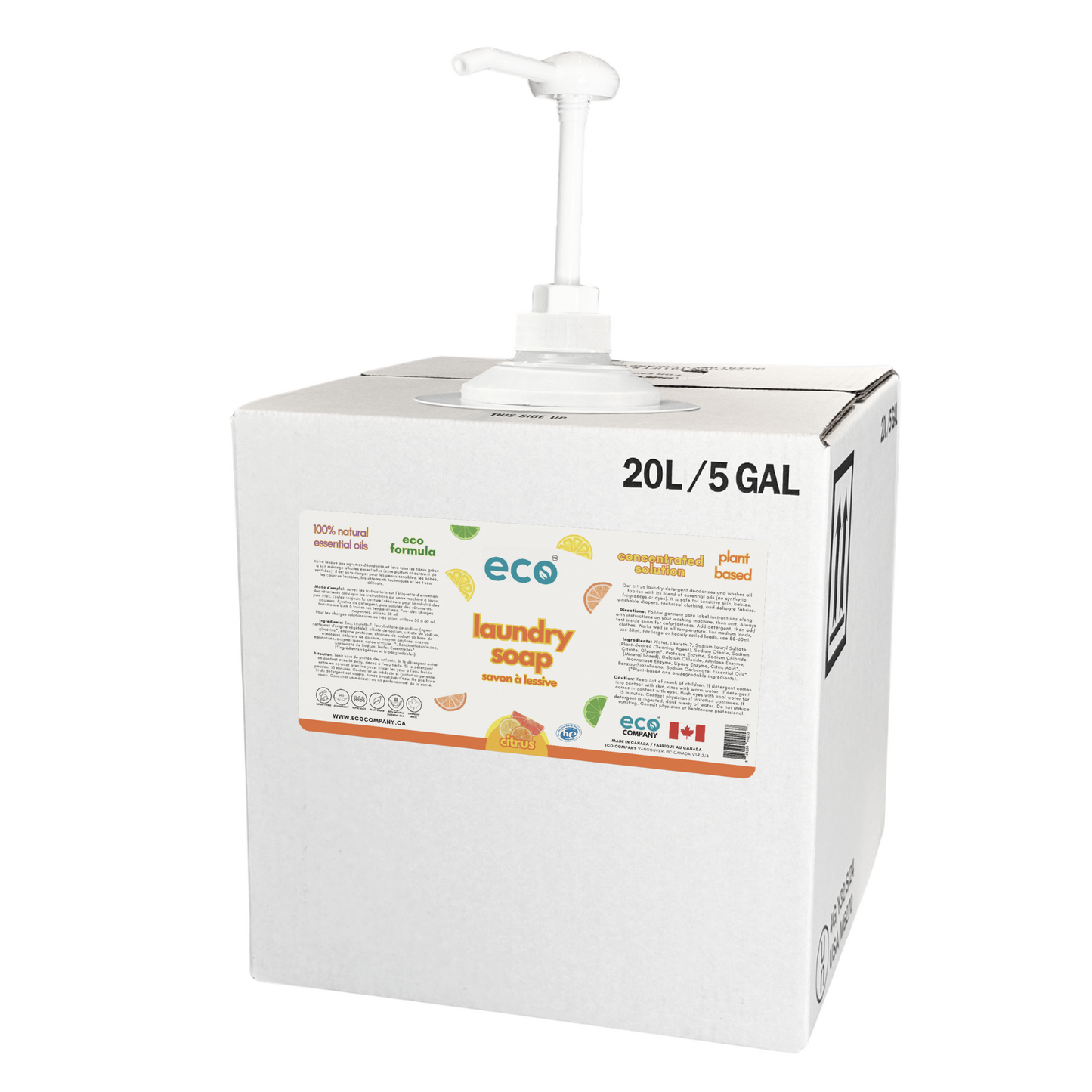 20L/5Gal refill box of bulk eco laundry soap (citrus) for package-free and refill stores.