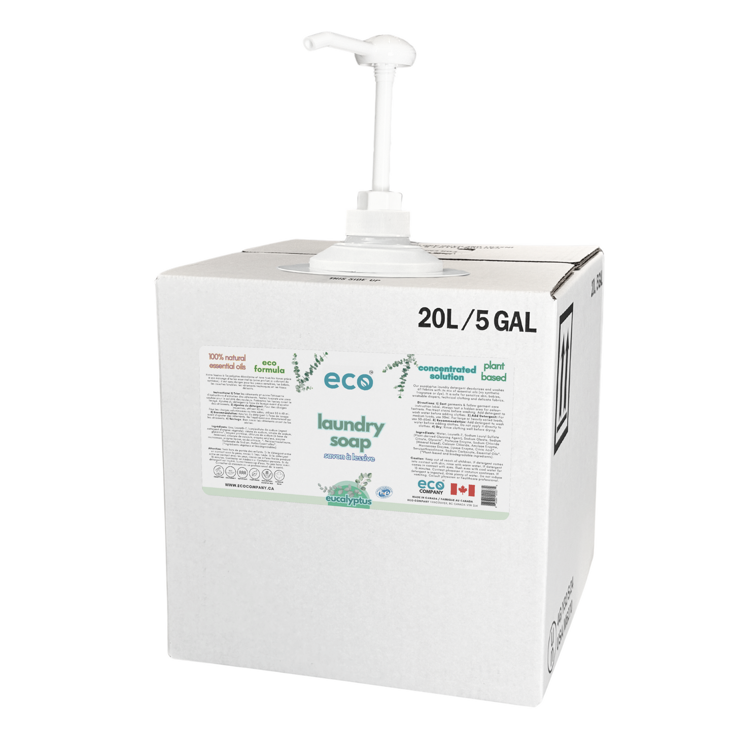 20L / 5GAL wholesale refill box of plant-based eucalyptus laundry soap with a pump, ideal for zero waste bulk refill stores and package-free retailers
