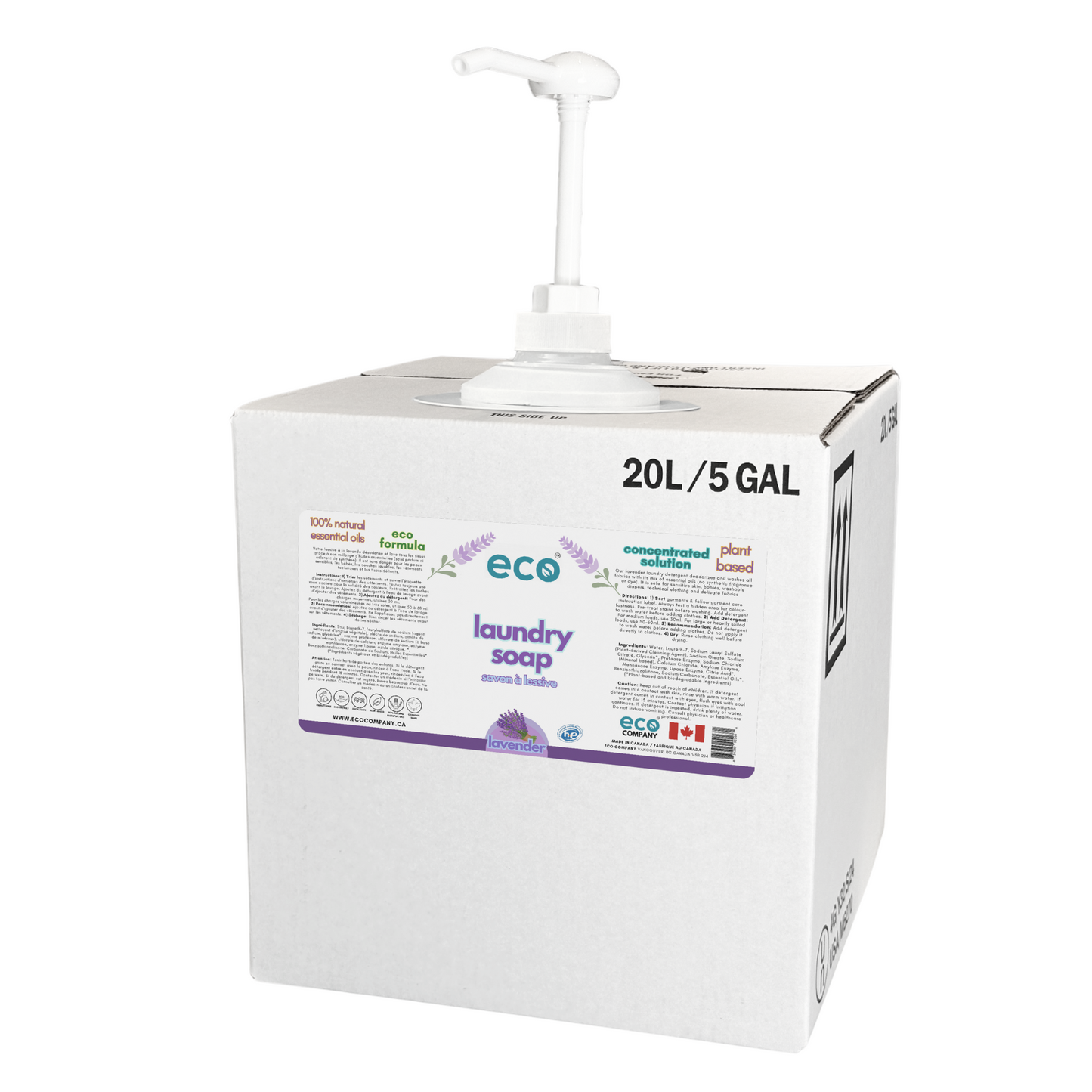 20L/5Gal refill box of bulk eco laundry soap (lavender) for package-free and refill stores.