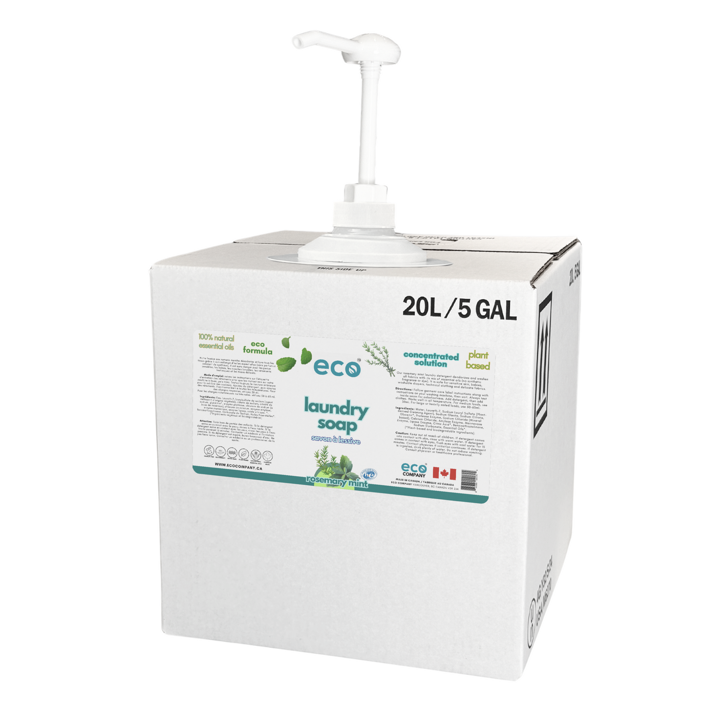 20L / 5GAL wholesale refill box of plant-based rosemary mint laundry soap with a pump, ideal for zero waste bulk refill stores and package-free retailers