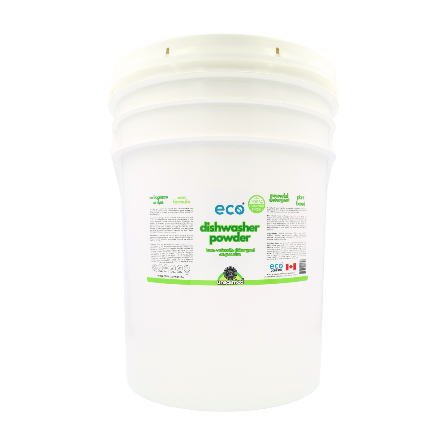 Eco dishwasher powder detergent unscented in a 20 liter pail for wholesale, ideal for soap refilleries, zero waste stores, and refill stores.
