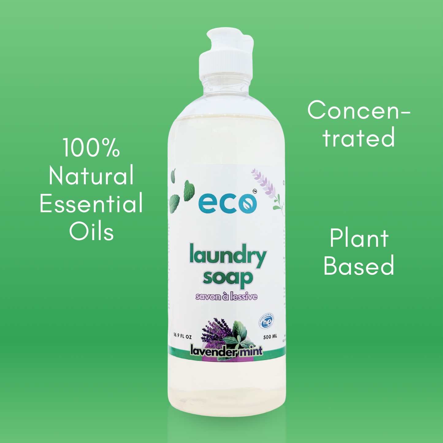 This eco friendly laundry soap in lavender mint is scented with 100% natural essential oils, is concentrated, and has plant-based ingredients.