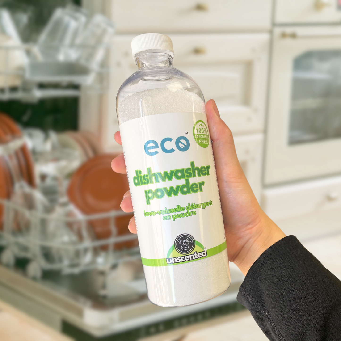 A bottle of eco dishwasher powder unscented held in front of a dishwasher, for an eco-friendly and sustainable home.