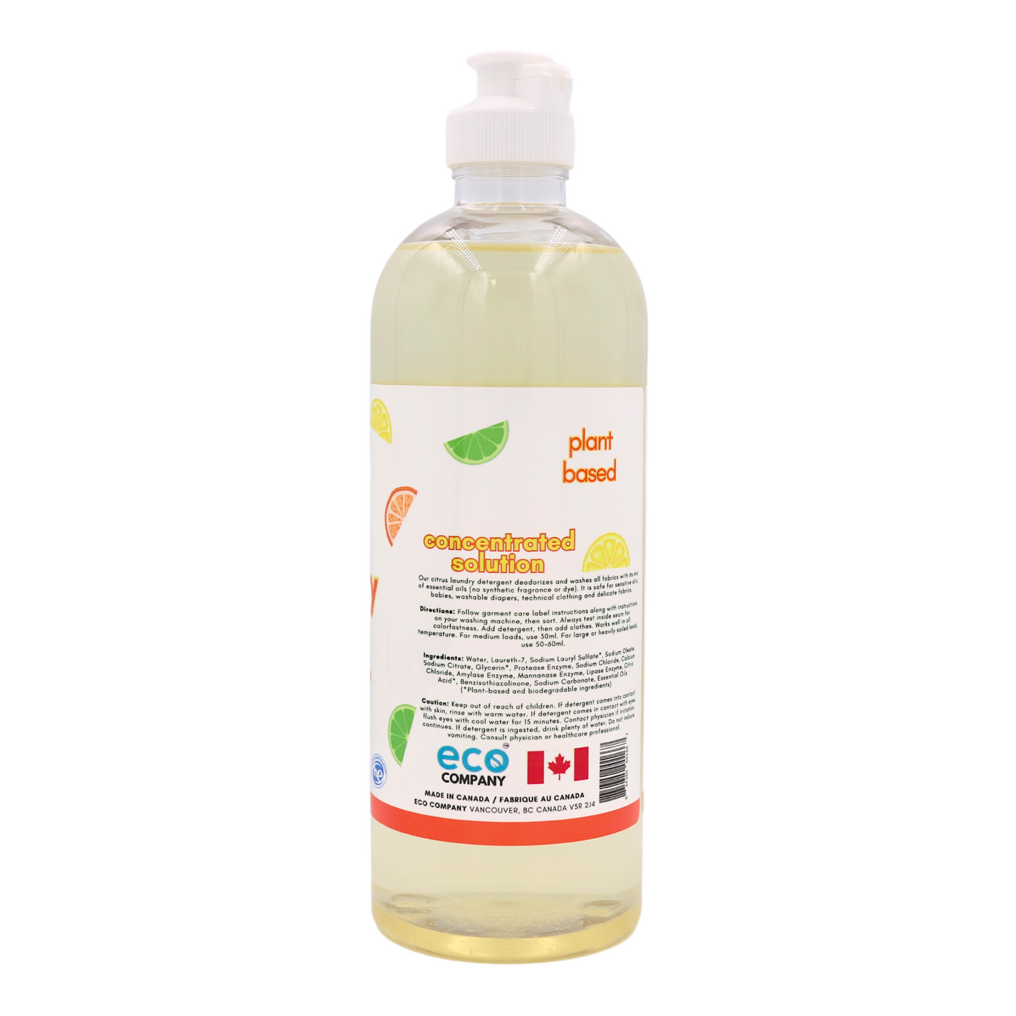 The side label of the laundry soap reads: Our citrus laundry detergent deodorizes and washes all fabrics with its mix of essential oils (no synthetic fragrance or dye). It is safe for sensitive skin, babies, washable diapers, technical clothing and delicate fabrics.