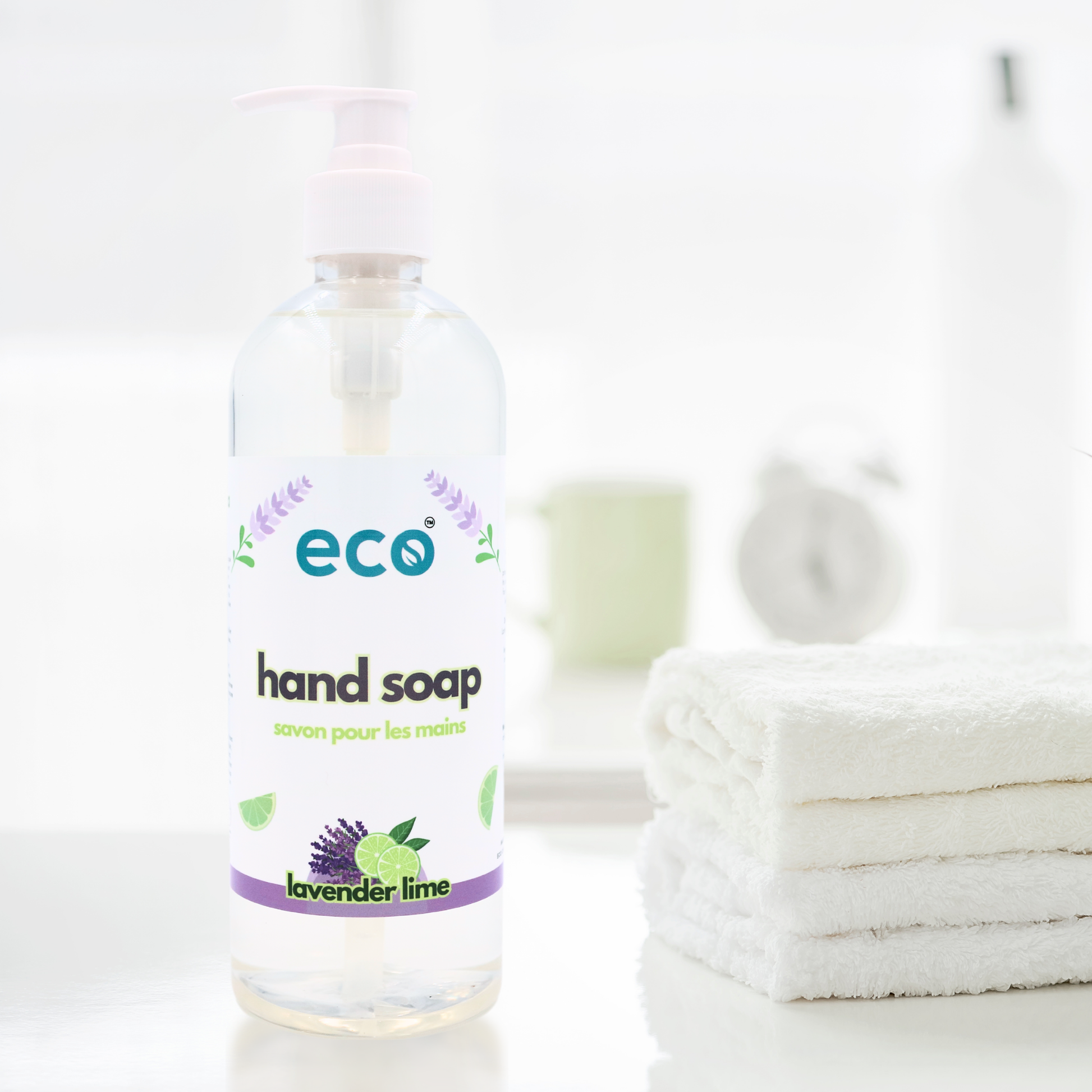 Eco hand soap bottle on the counter, supporting a green living space