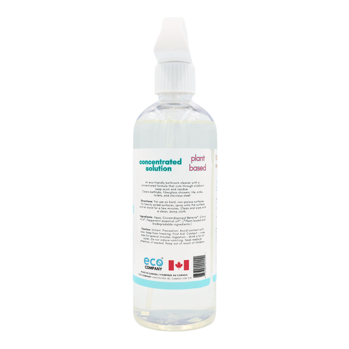 The side label of the bathroom cleaner reads: An eco-friendly bathroom cleaner with a concentrated formula that cuts through stubborn soap scum and residue. Cleans bathtubs, fiberglass showers, tile, sinks, toilets, and stainless steel. Directions: For use on hard, non-porous surfaces. For heavily soiled surfaces, spray onto the surface and let stand for a few minutes. Clean and wipe with a clean, damp cloth.