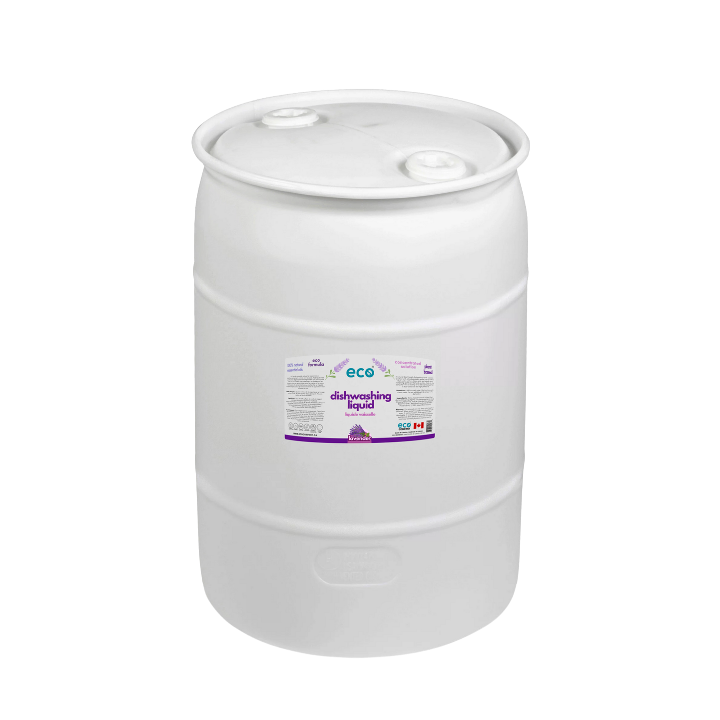 Eco Company's 100L lavender dish soap in a barrel for refill shops, zero-waste stores, and retailers selling sustainable bulk soaps.