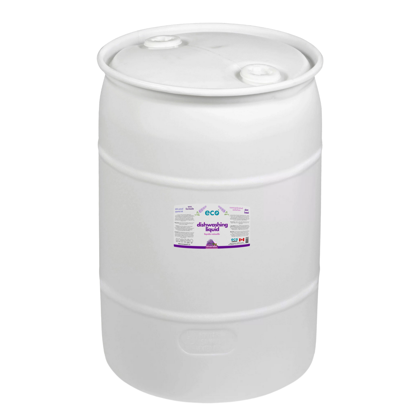 Eco Company's 200L lavender dish soap in a barrel for refill shops, zero-waste stores, and retailers selling eco-friendly bulk soaps.