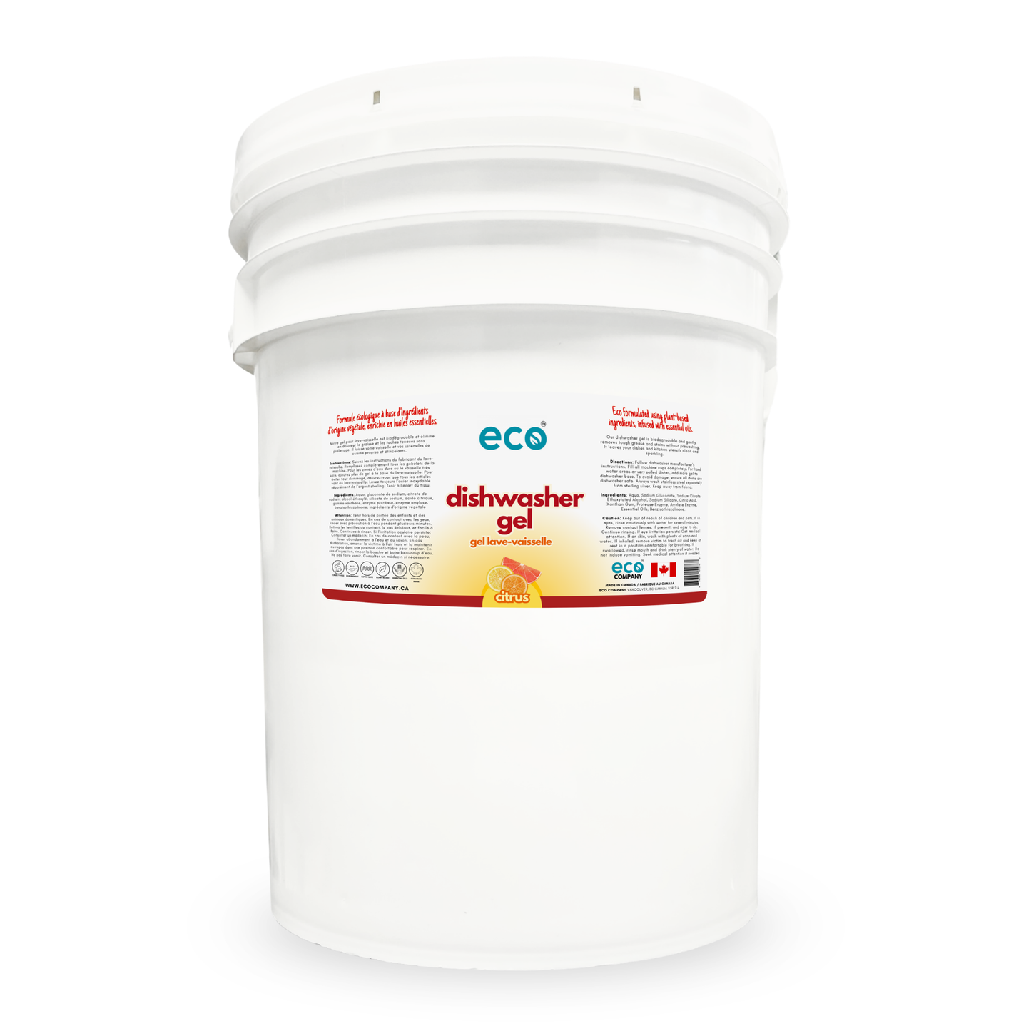 Eco dishwasher gel citrus in a 20 liter pail for wholesale, ideal for soap refilleries, zero waste stores, and refill stores.