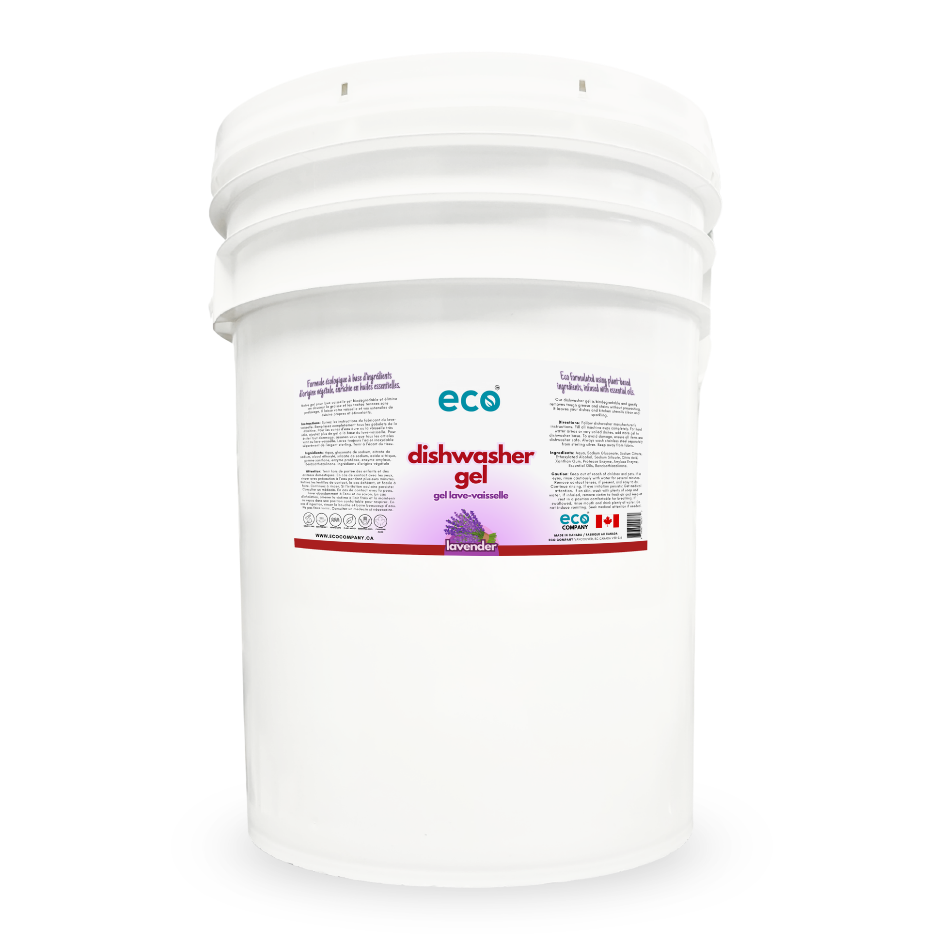 Eco dishwasher gel lavender in a 20 liter pail for wholesale, ideal for soap refilleries, zero waste stores, and refill stores.