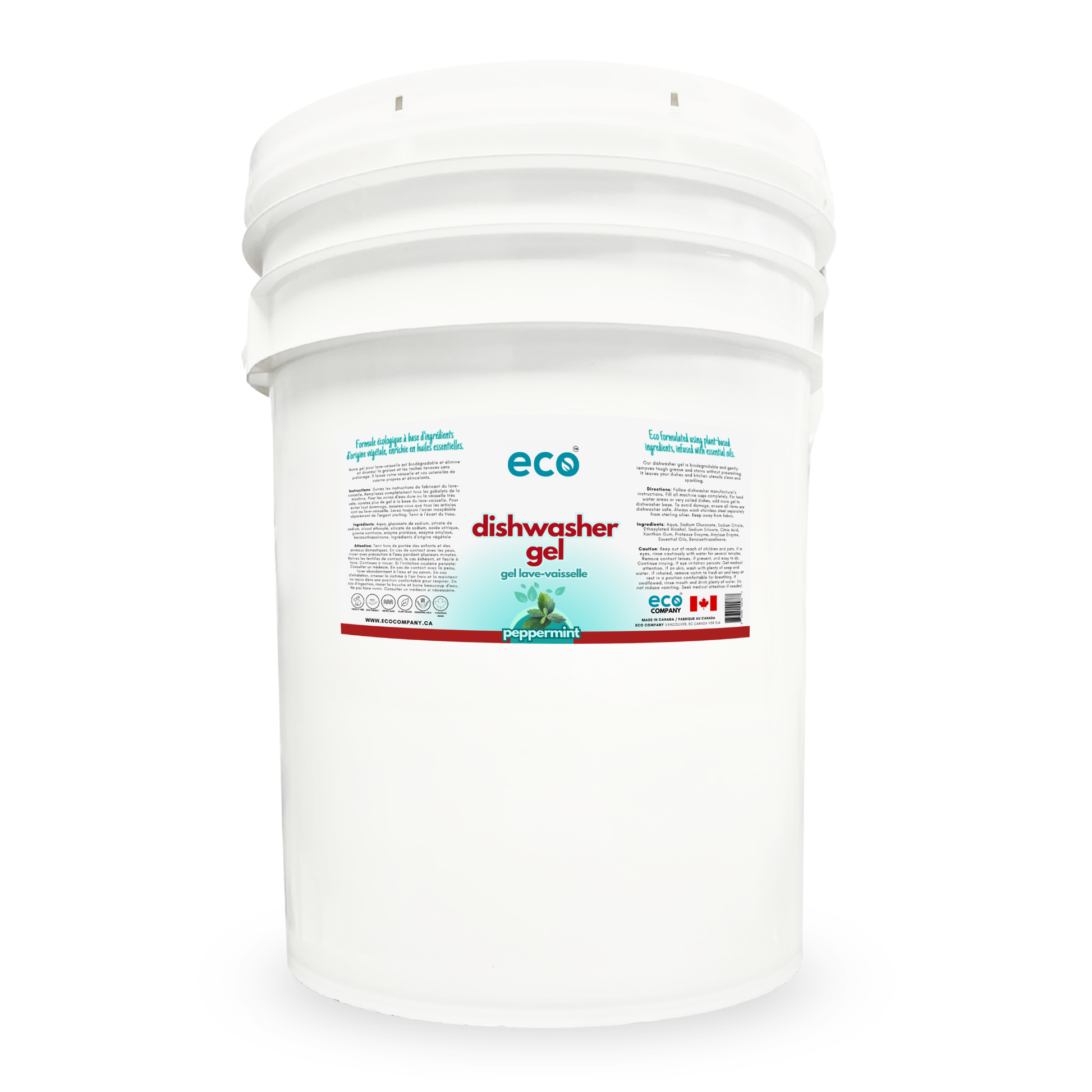 Eco dishwasher gel peppermint in a 20 liter pail for wholesale, ideal for soap refilleries, zero waste stores, and refill stores.