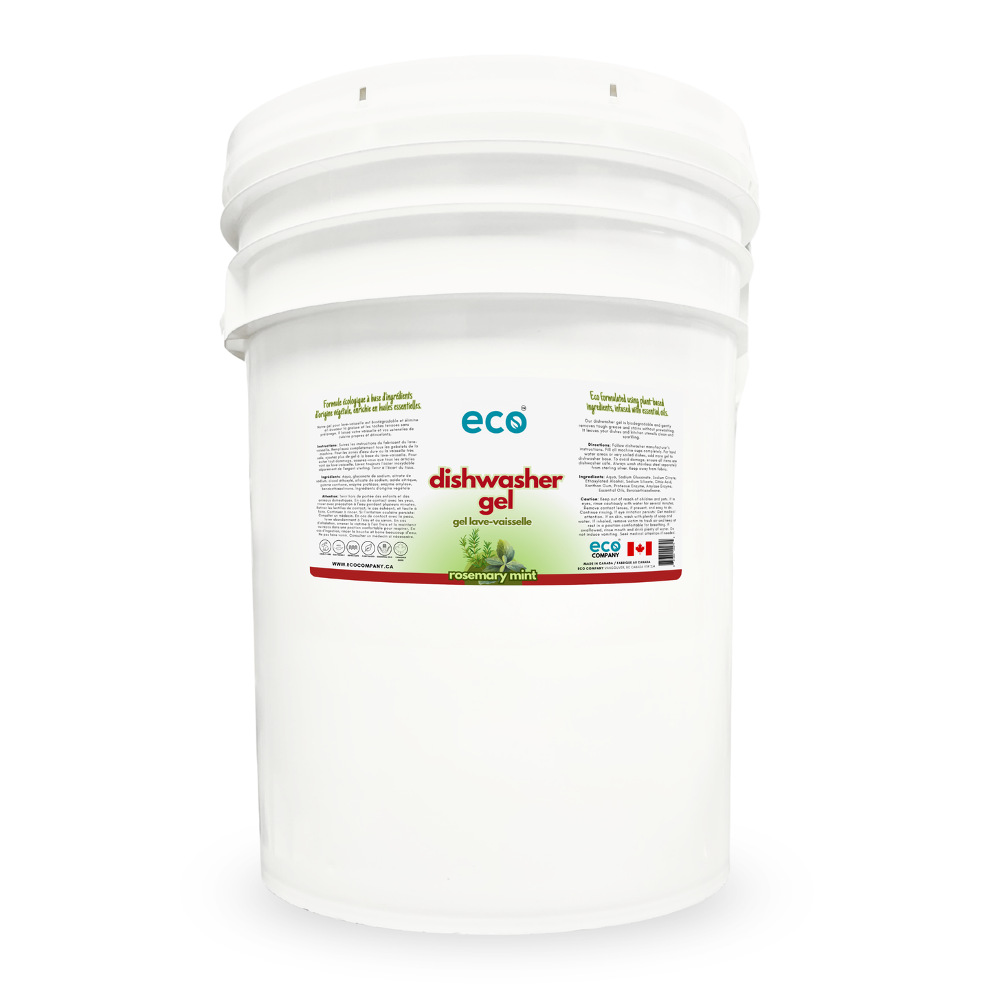Eco dishwasher gel rosemary mint in a 20 liter pail for wholesale, ideal for soap refilleries, zero waste stores, and refill stores.