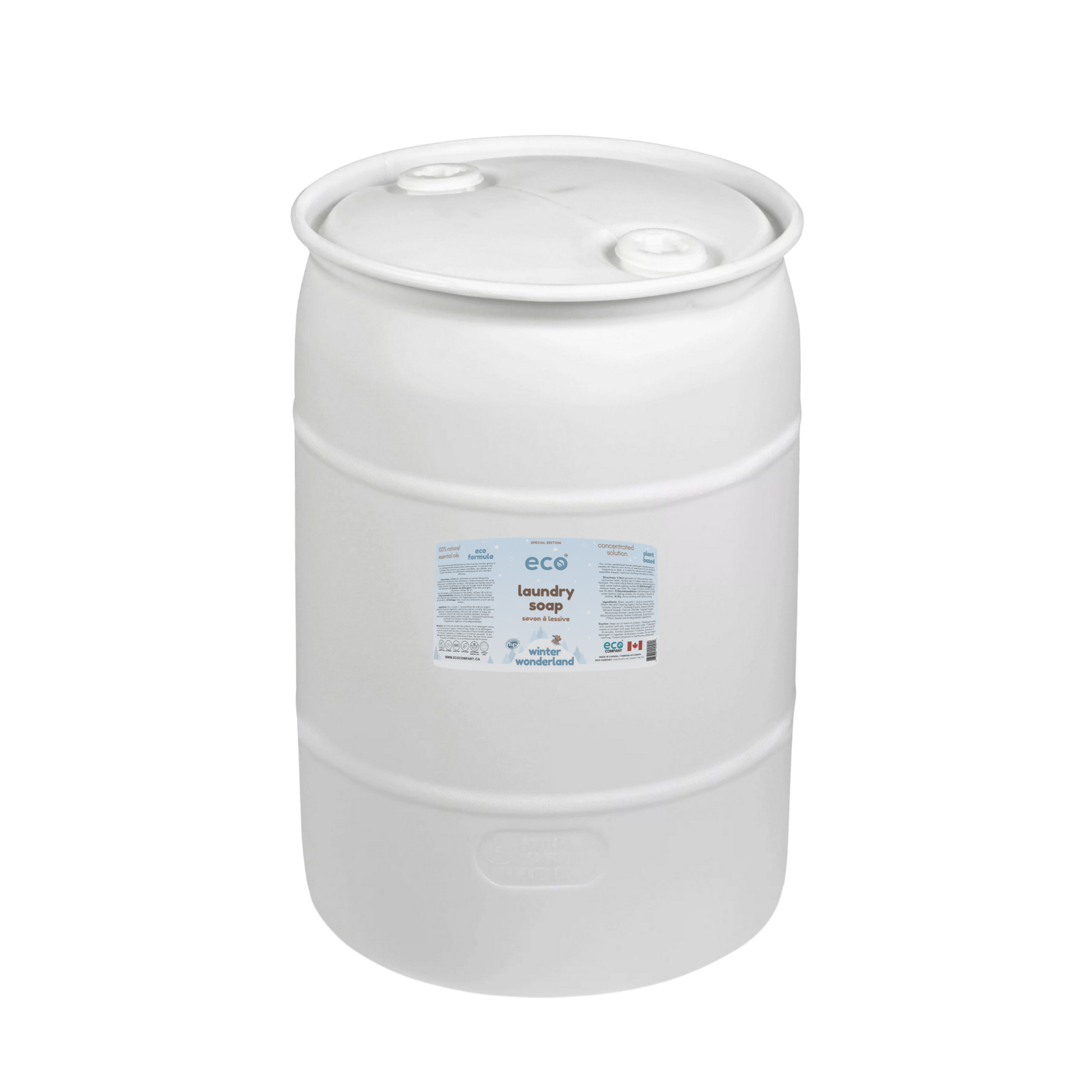 Eco Company's 100L laundry soap in a barrel for refill shops, zero-waste stores, and retailers selling sustainable bulk soaps. This is our winter wonderland edition scent.