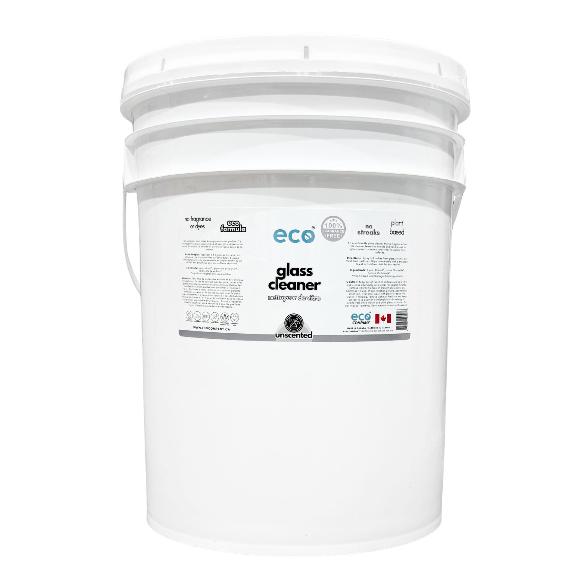 Eco Company Unscented Glass Cleaner in a 20L / 5G pail that is ideal for bulk refill stores, zero-waste shops, and eco-friendly retailers.