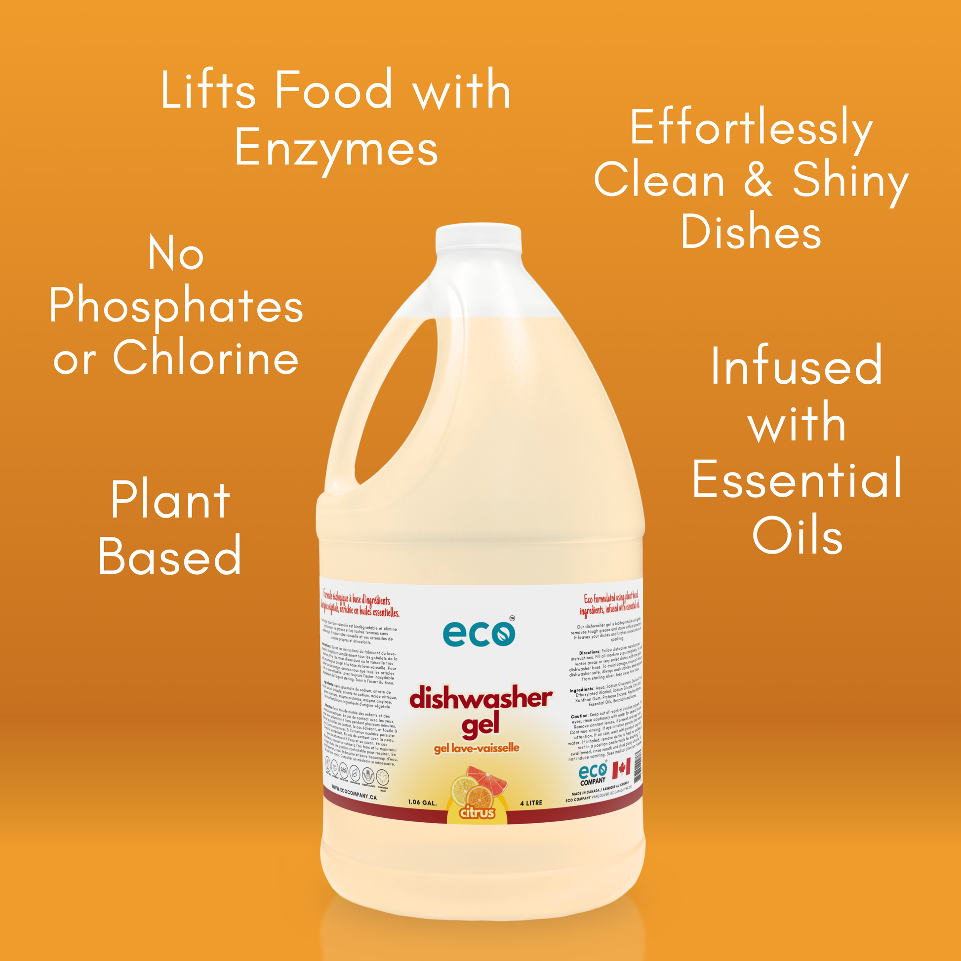 Eco Company's citrus scented dishwasher gel lifts food with enzymes, has no phosphates, has no chlorine, is plant based, is infused with essential oils, and achieves effortlessly clean dishes.