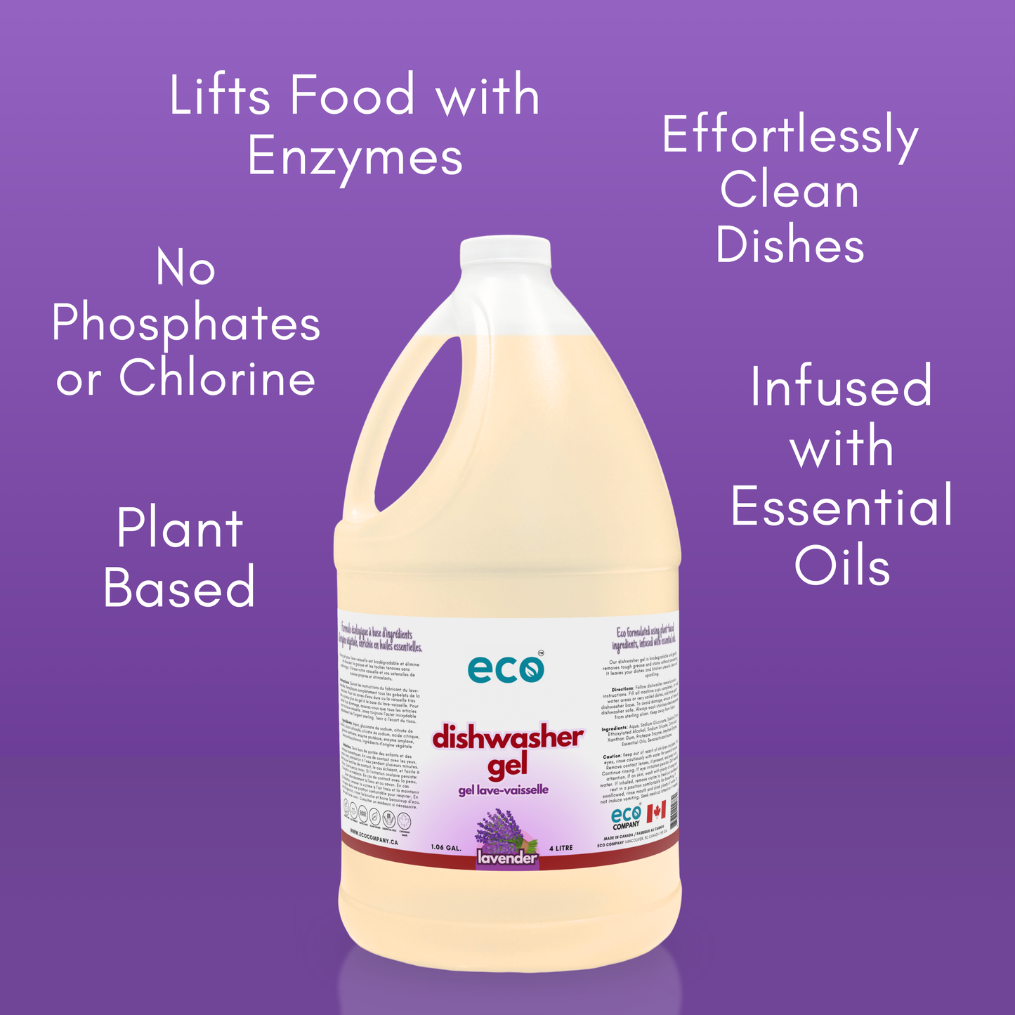 Eco Company's lavender scented dishwasher gel lifts food with enzymes, has no phosphates, has no chlorine, is plant based, is infused with essential oils, and achieves effortlessly clean dishes.