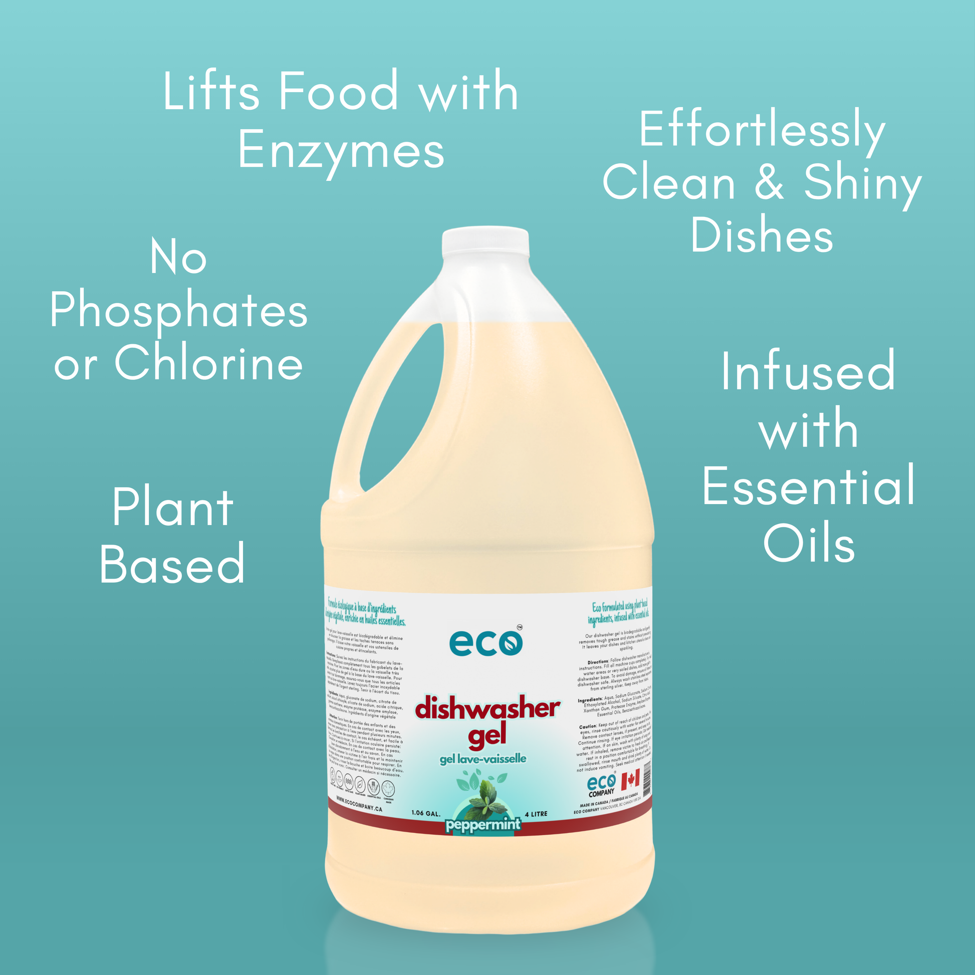 Eco Company's peppermint dishwasher gel lifts food with enzymes, has no phosphates, has no chlorine, is plant based, is infused with essential oils, and achieves effortlessly clean dishes.