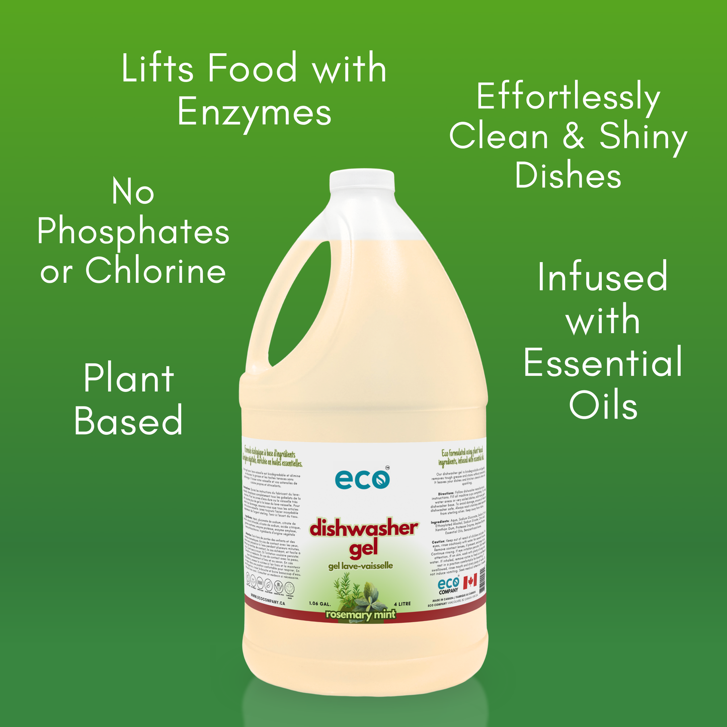 Eco Company's rosemary mint dishwasher gel lifts food with enzymes, has no phosphates, has no chlorine, is plant based, is infused with essential oils, and achieves effortlessly clean dishes.