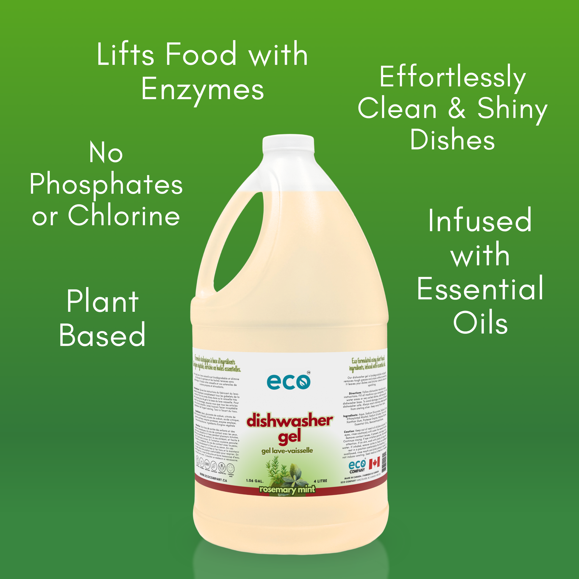 Eco Company's rosemary mint dishwasher gel lifts food with enzymes, has no phosphates, has no chlorine, is plant based, is infused with essential oils, and achieves effortlessly clean dishes.