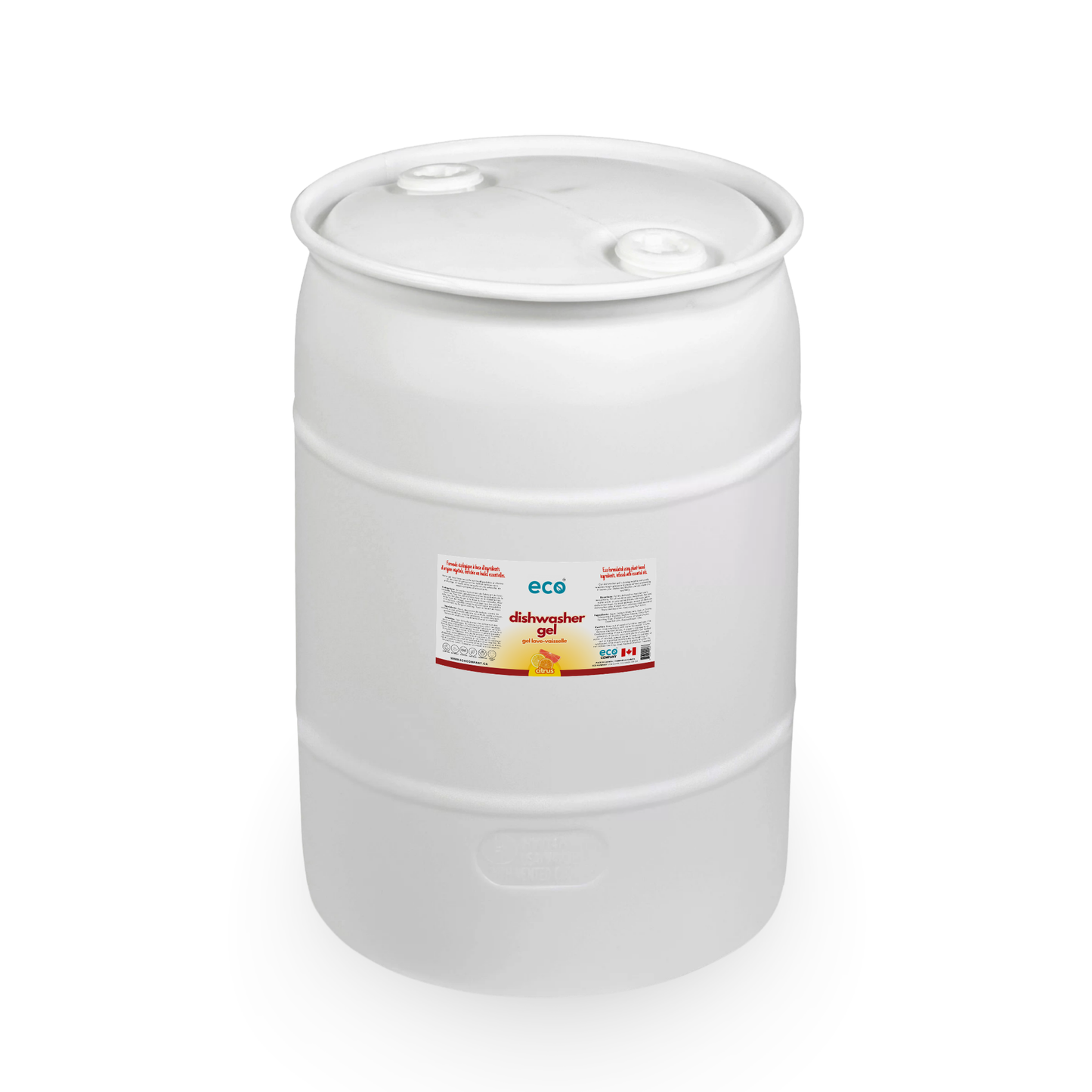 Eco Company's bulk 100 Litre / 30 Gallon barrel of citrus scented dishwasher gel. 