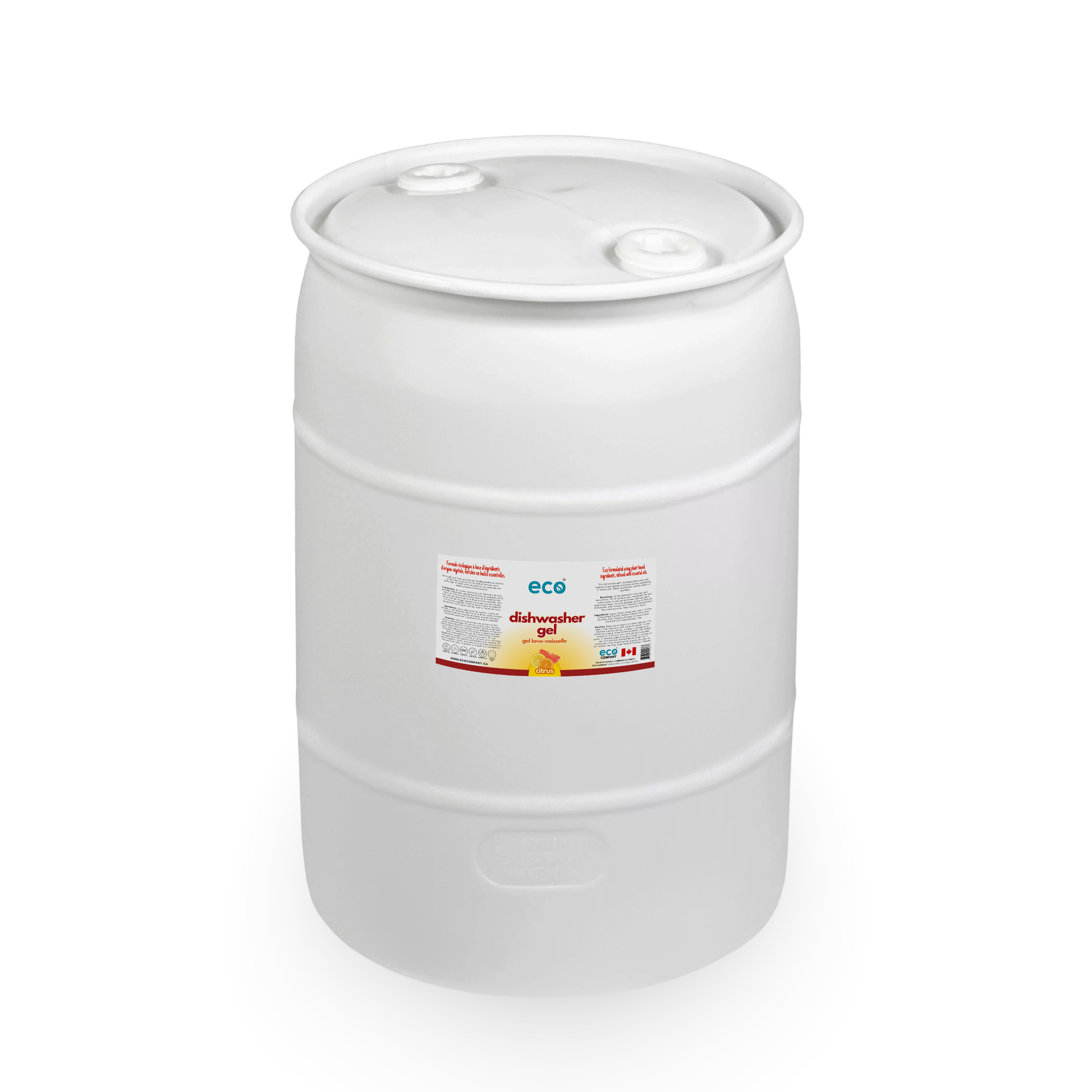 Eco Company's bulk 100 Litre / 30 Gallon barrel of citrus scented dishwasher gel. 