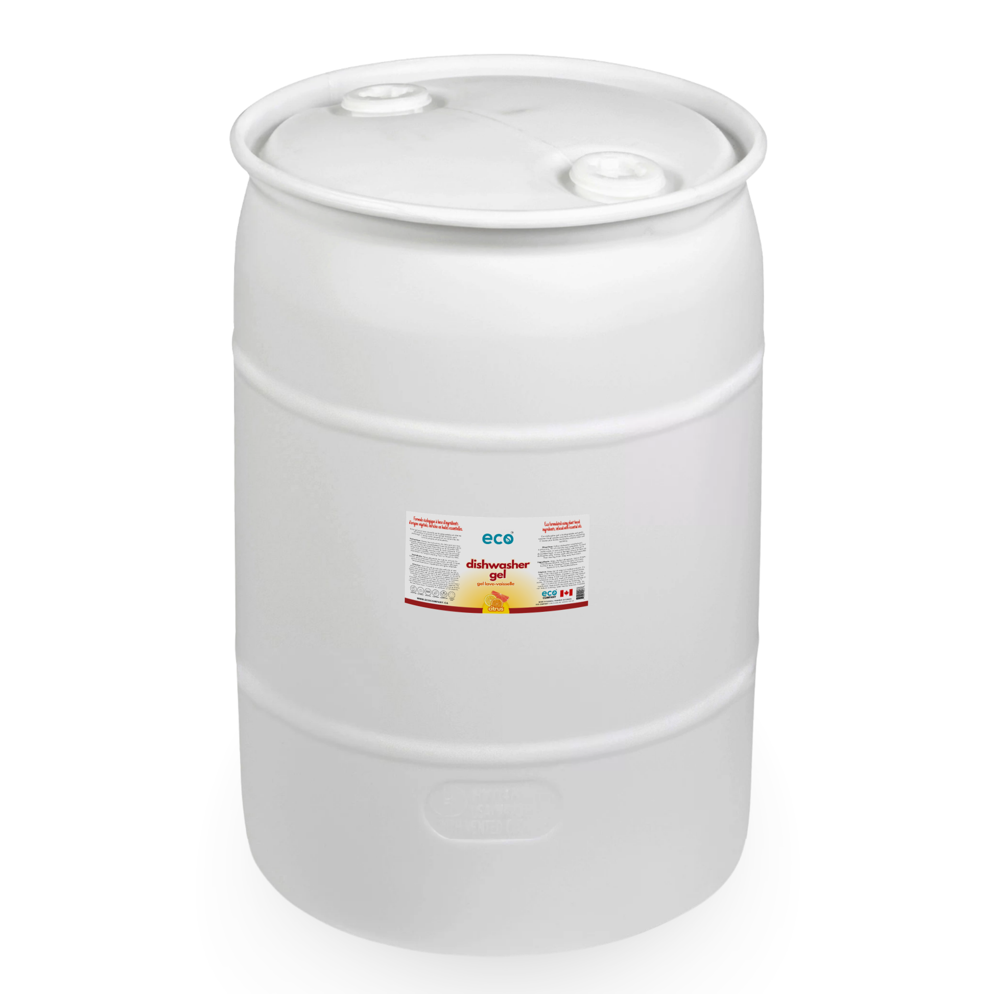 Eco Company's bulk 200 Litre / 55 Gallon barrel of citrus scented dishwasher gel, great for refill stores. 