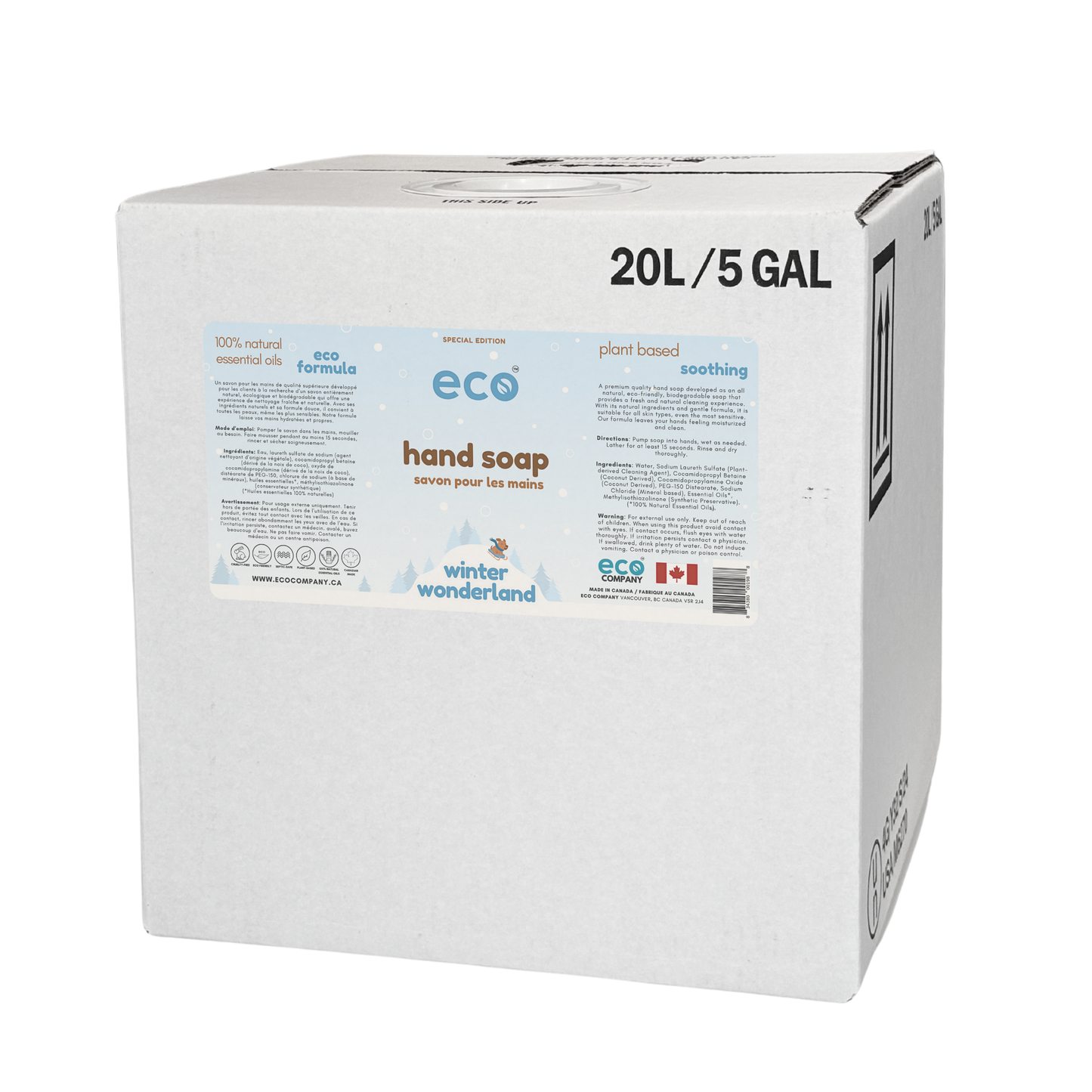 Eco Company Hand Soap in Winter Wonderland Edition in a 20L / 5G bulk refill box, perfect for zero-waste stores, bulk refill stores, and other eco-friendly retail stores.