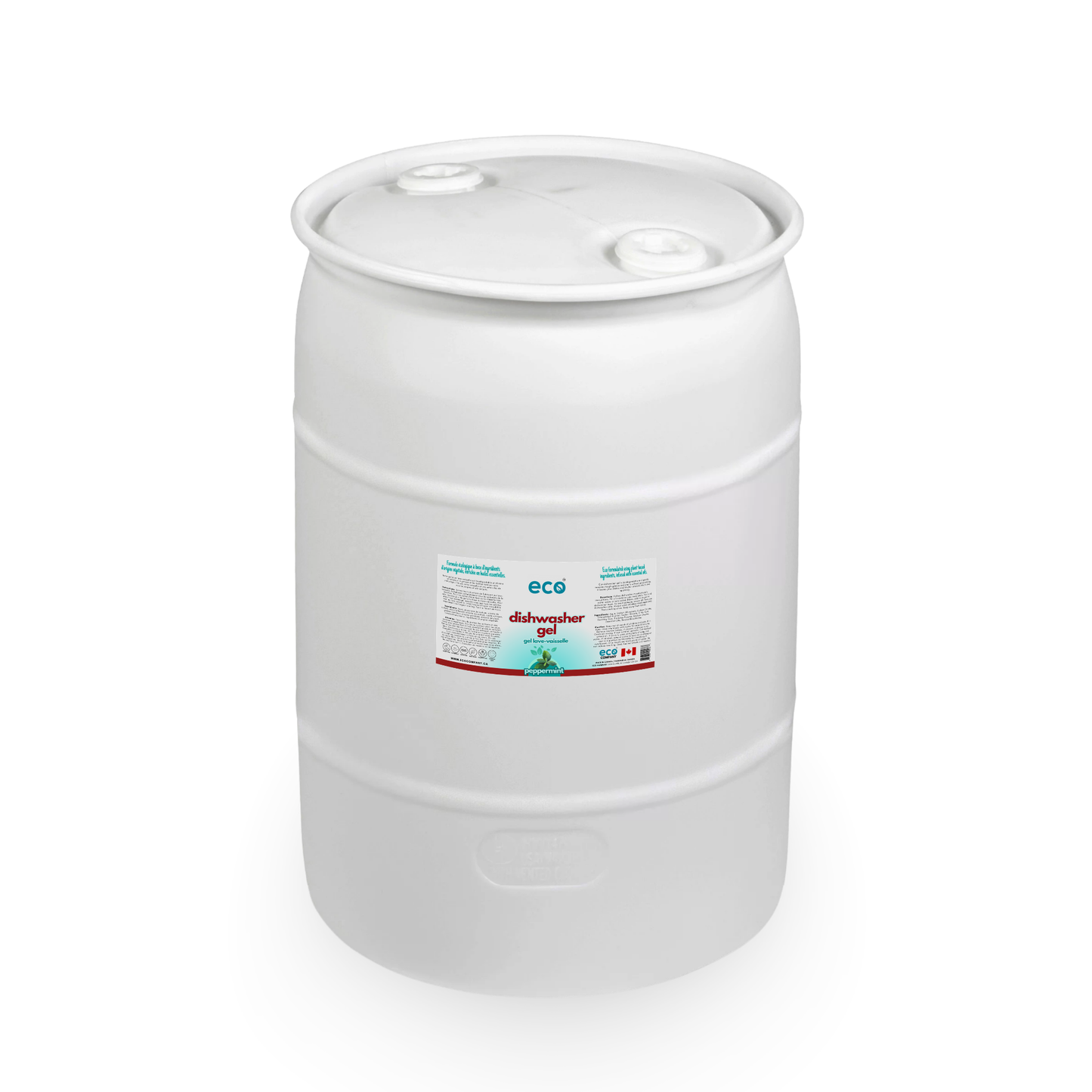 Eco Company's bulk 100 Litre / 30 Gallon barrel of peppermint scented dishwasher gel. 