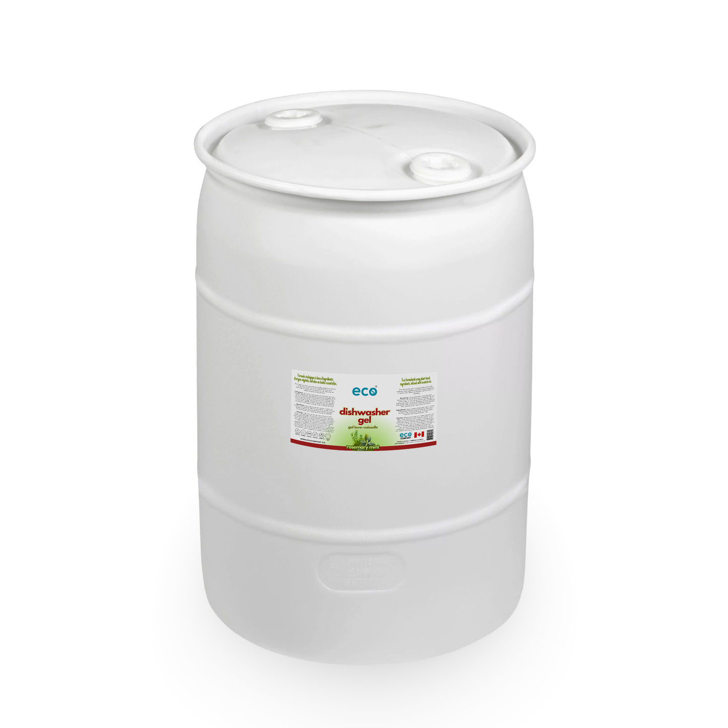 Eco Company's bulk 100 Litre / 30 Gallon barrel of rosemary mint scented dishwasher gel. 